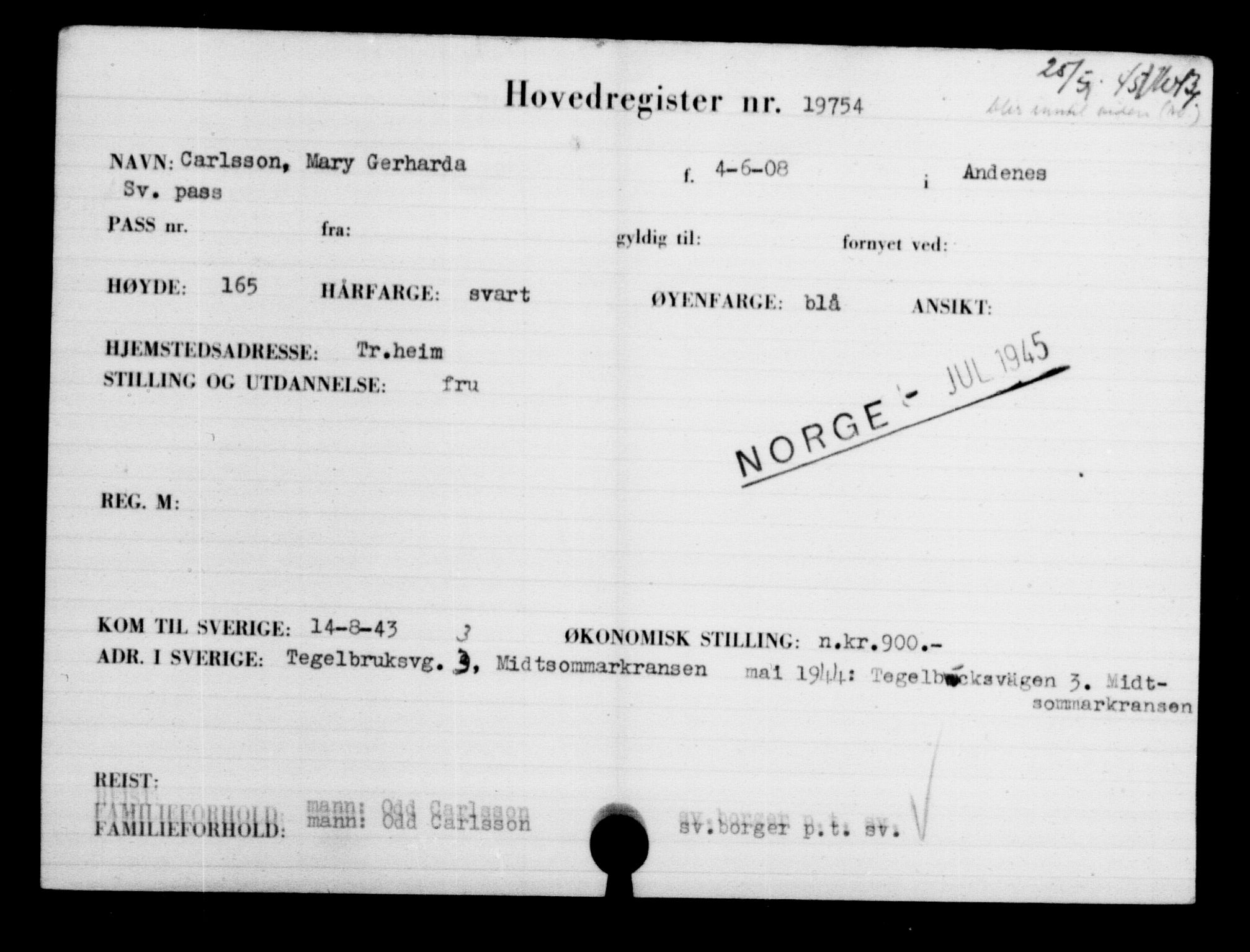 Utenriksstasjonene, Legasjonen i Stockholm, Flyktningkontoret, AV/RA-S-6753/V/Va/L0009: Kjesäterkartoteket, flyktninger med registreringsnr. 18502-22048, 1940-1945, p. 1410