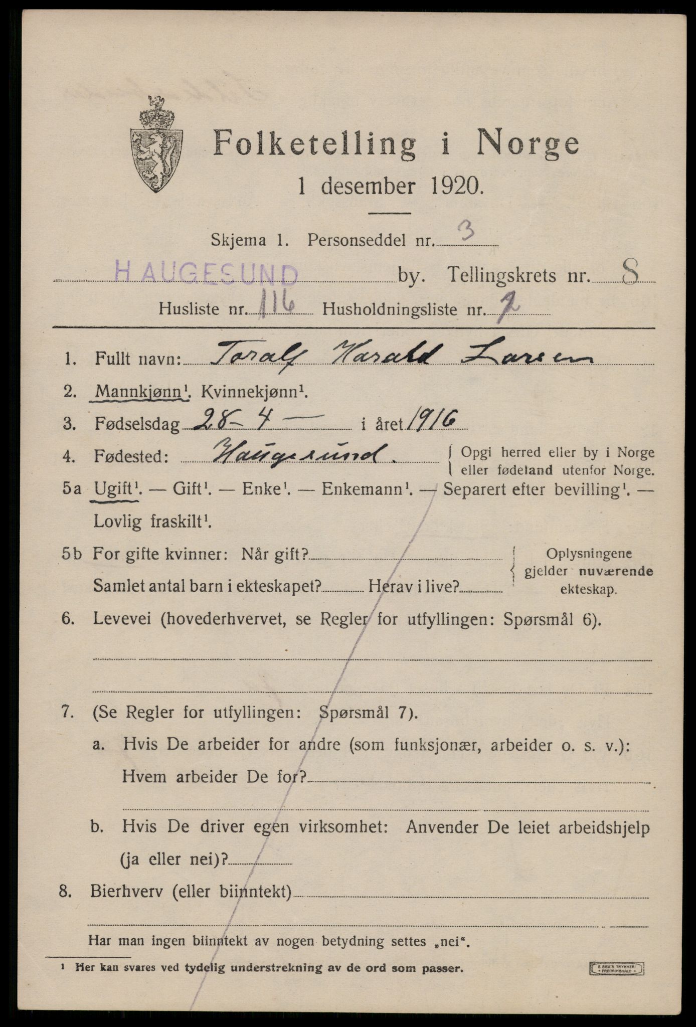 SAST, 1920 census for Haugesund, 1920, p. 29663