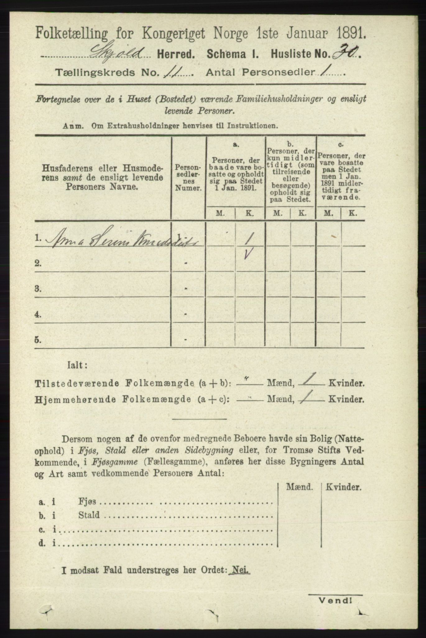 RA, 1891 census for 1154 Skjold, 1891, p. 2065