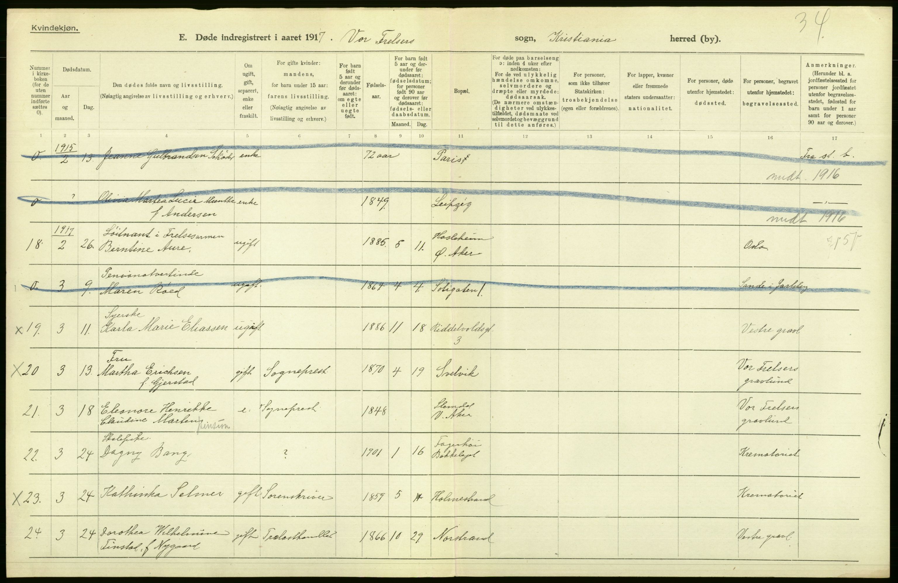 Statistisk sentralbyrå, Sosiodemografiske emner, Befolkning, RA/S-2228/D/Df/Dfb/Dfbg/L0010: Kristiania: Døde, 1917, p. 64