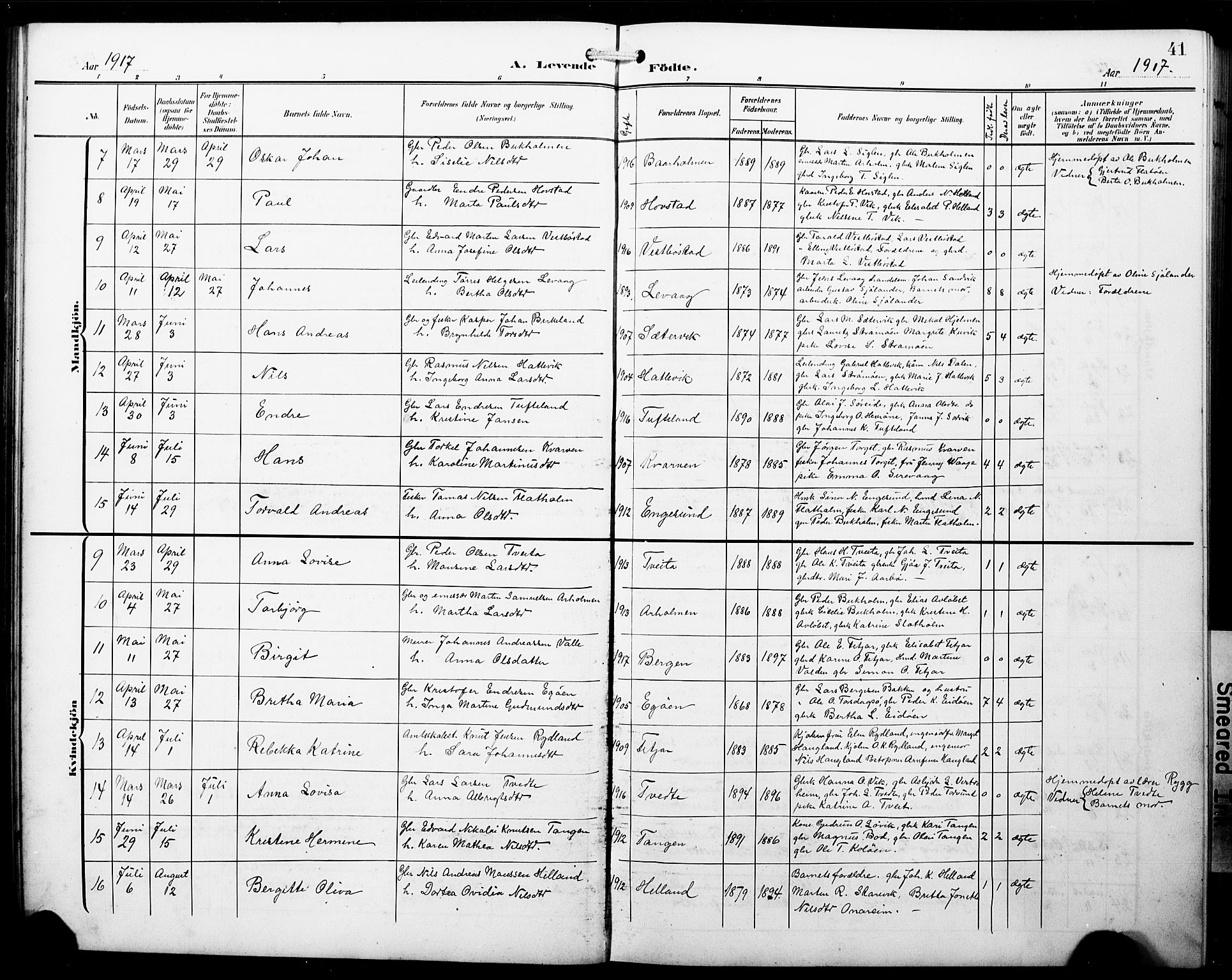 Fitjar sokneprestembete, AV/SAB-A-99926: Parish register (copy) no. B 1, 1906-1928, p. 41