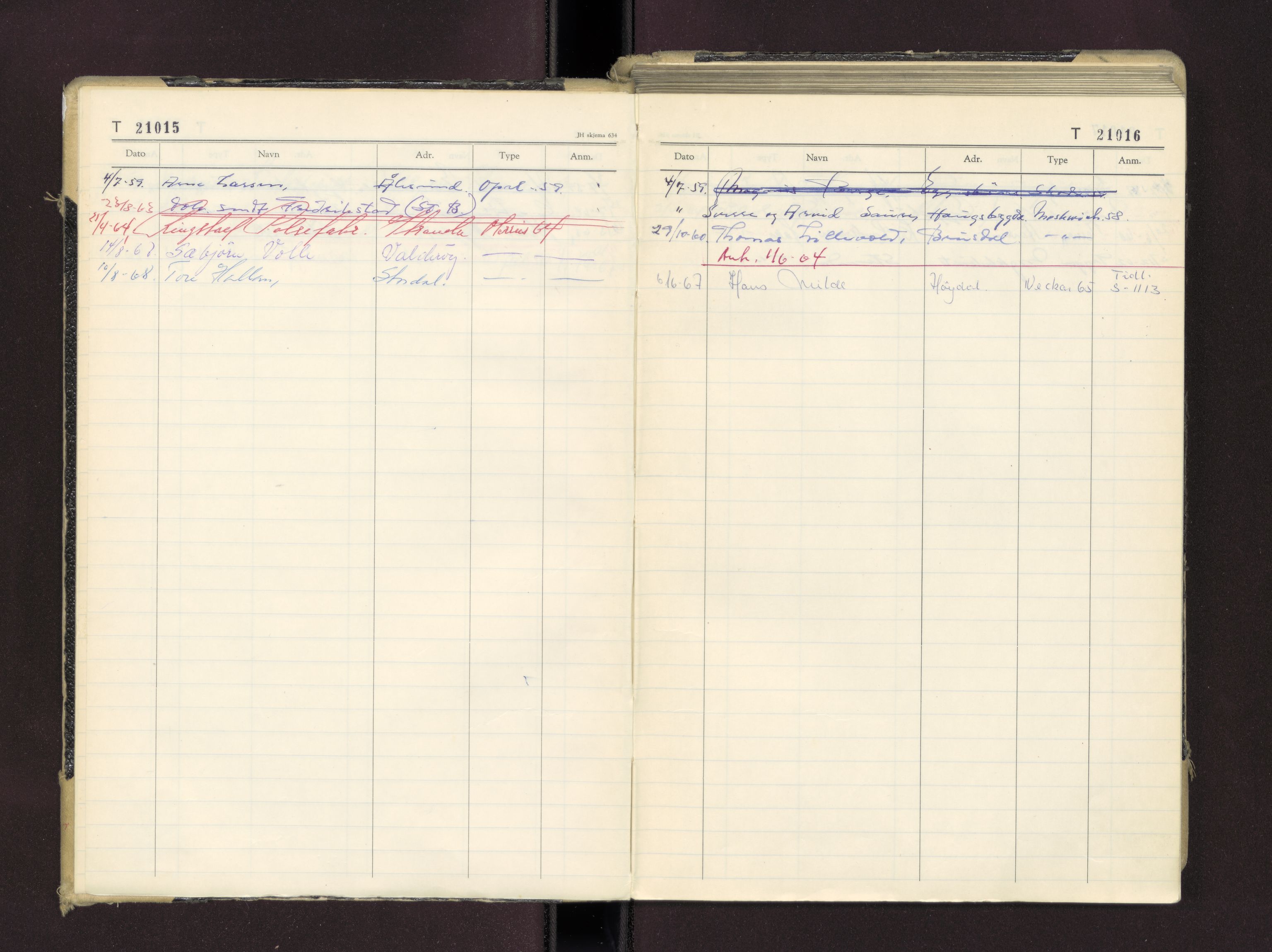 Møre og Romsdal vegkontor - Ålesund trafikkstasjon, AV/SAT-A-4099/F/Fc/L0016: Bilregister; T 21000 - T 21499, 1955-1970