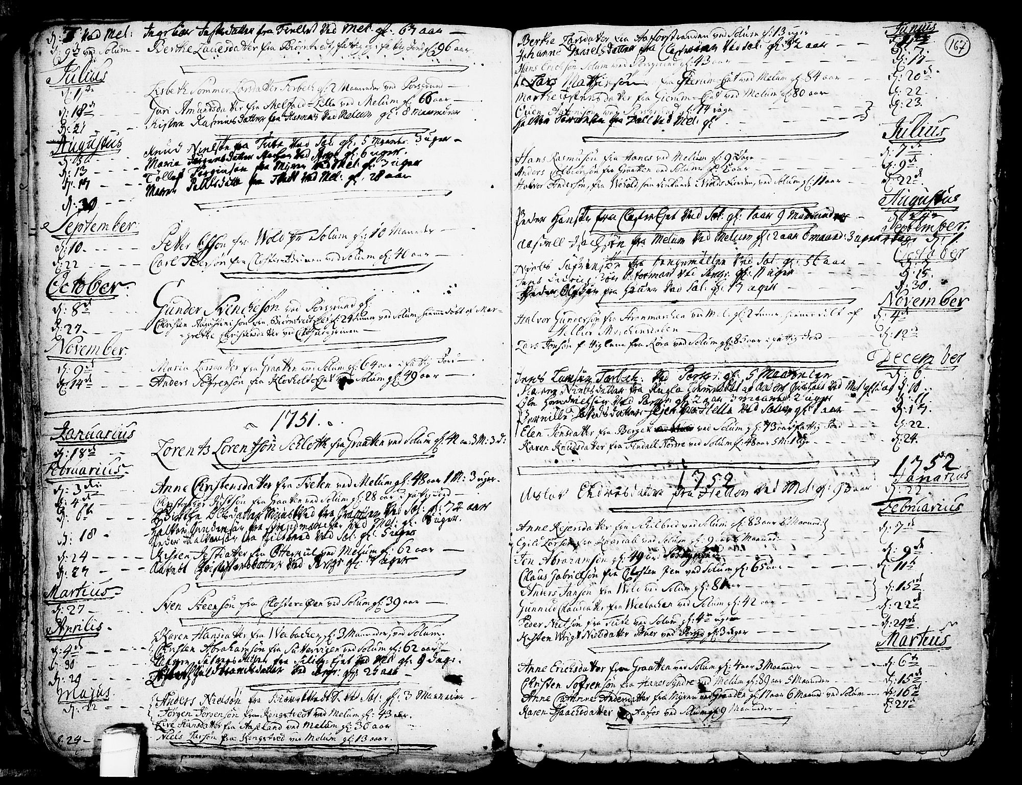 Solum kirkebøker, SAKO/A-306/F/Fa/L0002: Parish register (official) no. I 2, 1713-1761, p. 167