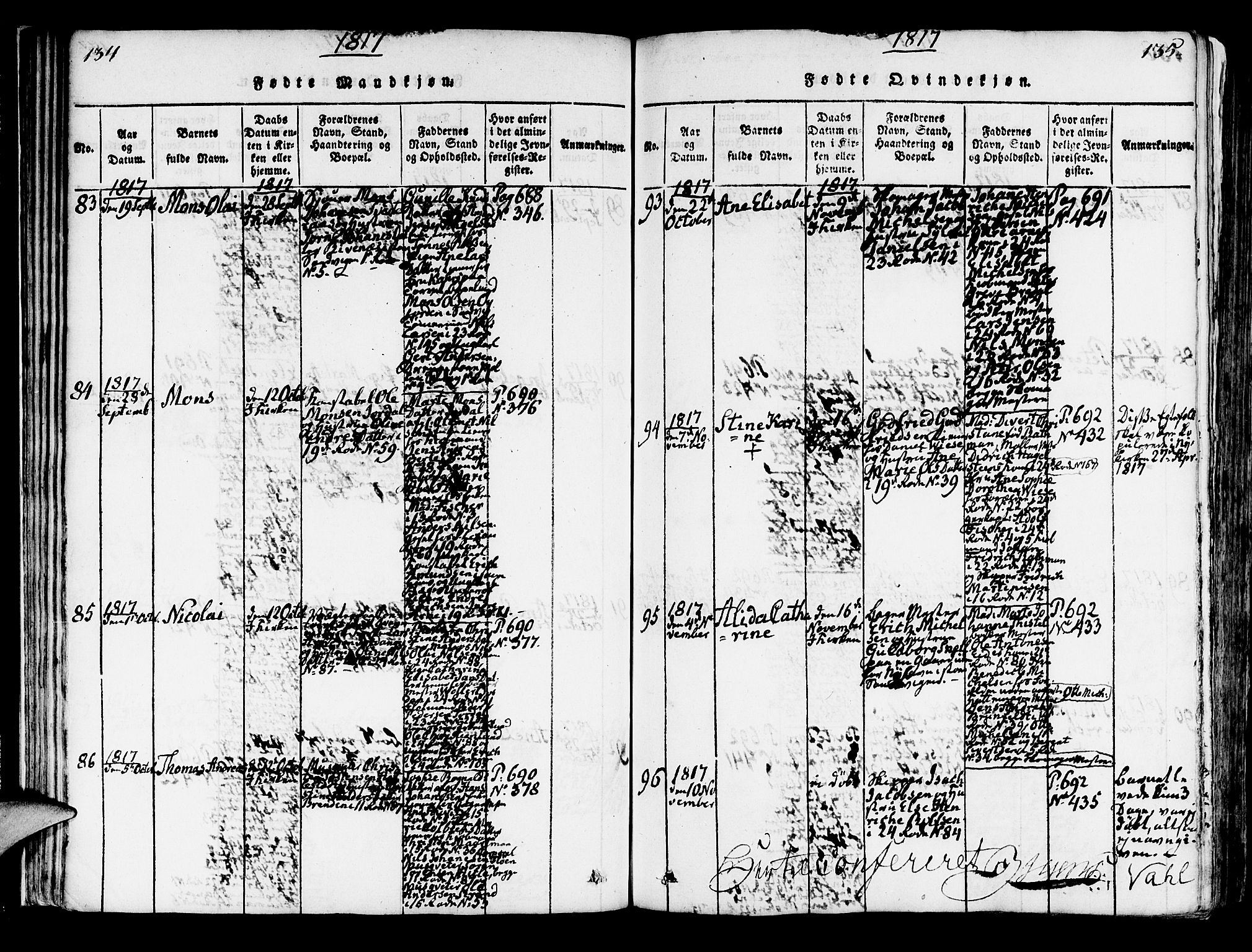 Korskirken sokneprestembete, AV/SAB-A-76101/H/Hab: Parish register (copy) no. A 1b, 1815-1821, p. 134-135