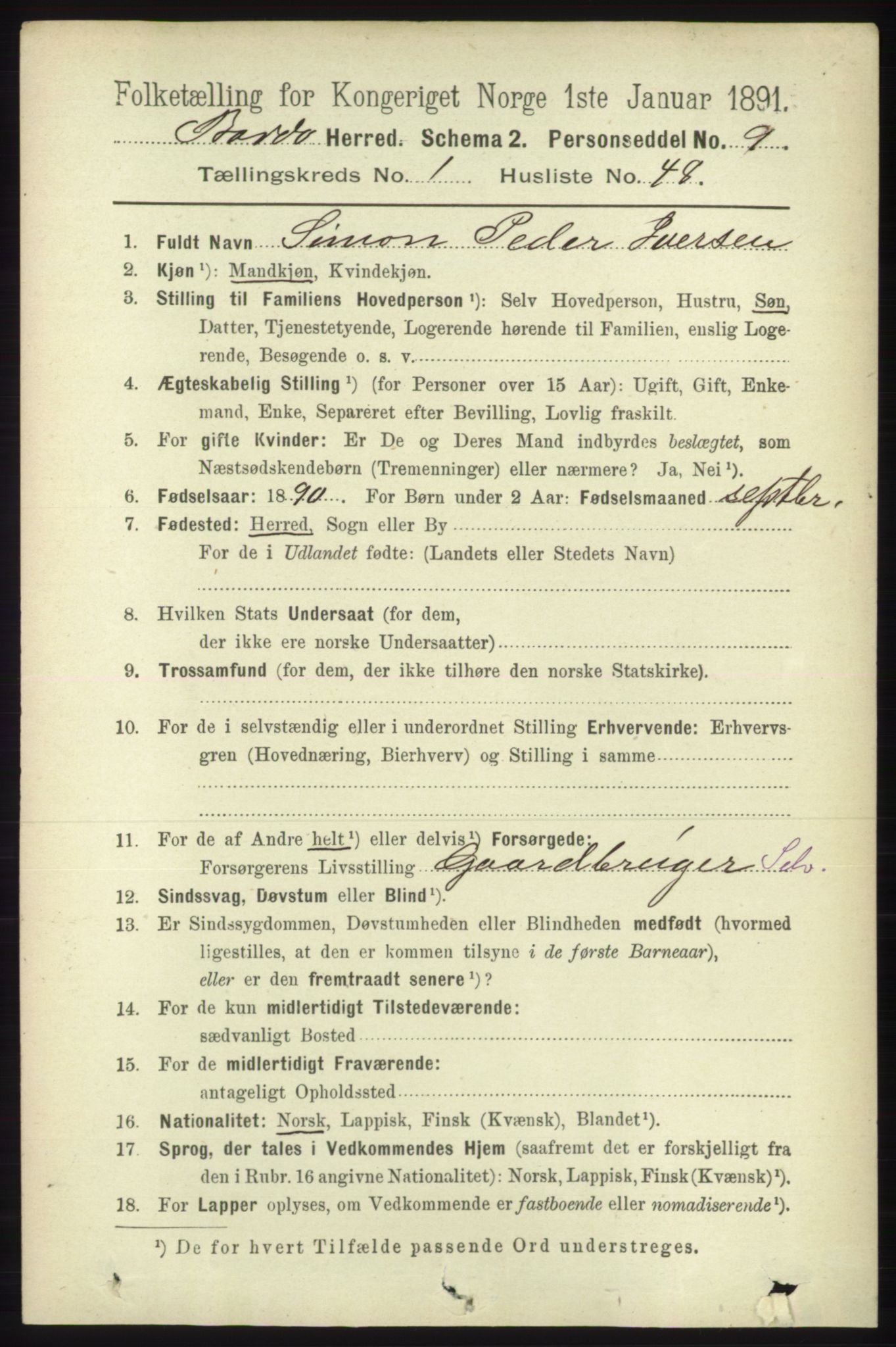 RA, 1891 census for 1922 Bardu, 1891, p. 431