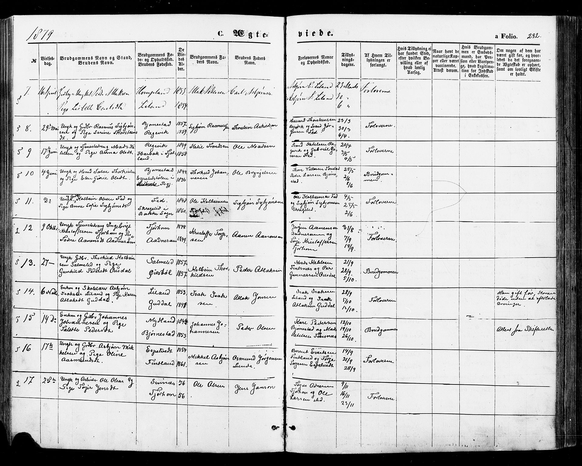 Sirdal sokneprestkontor, SAK/1111-0036/F/Fa/Fab/L0003: Parish register (official) no. A 3, 1874-1886, p. 232