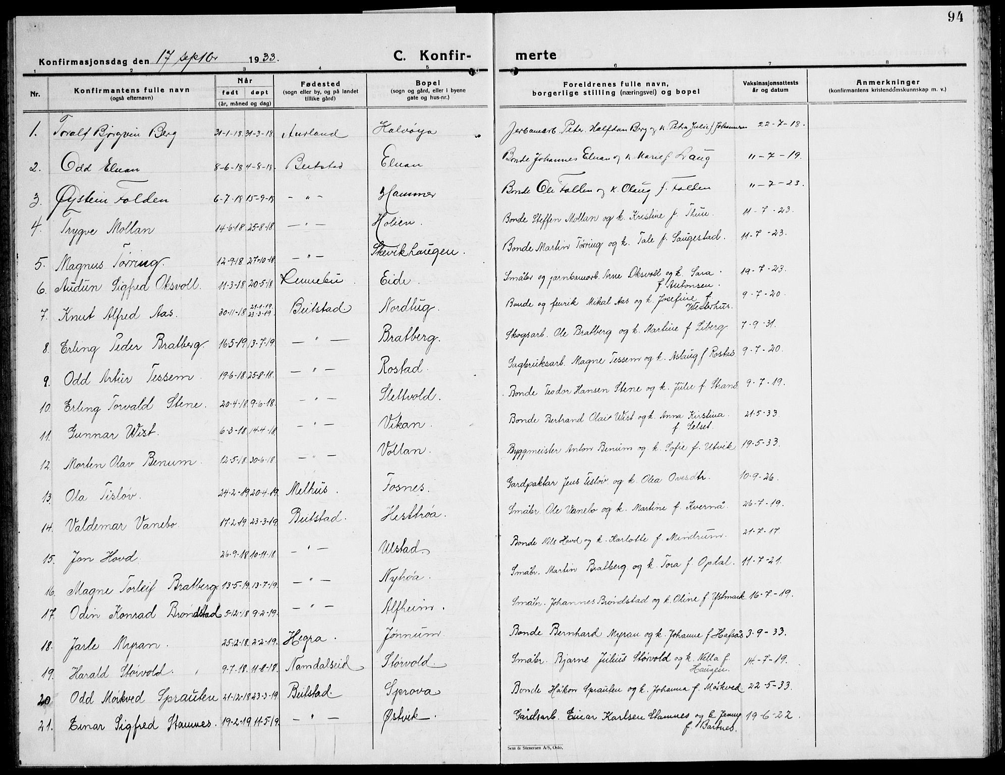 Ministerialprotokoller, klokkerbøker og fødselsregistre - Nord-Trøndelag, SAT/A-1458/741/L0403: Parish register (copy) no. 741C04, 1925-1944, p. 94