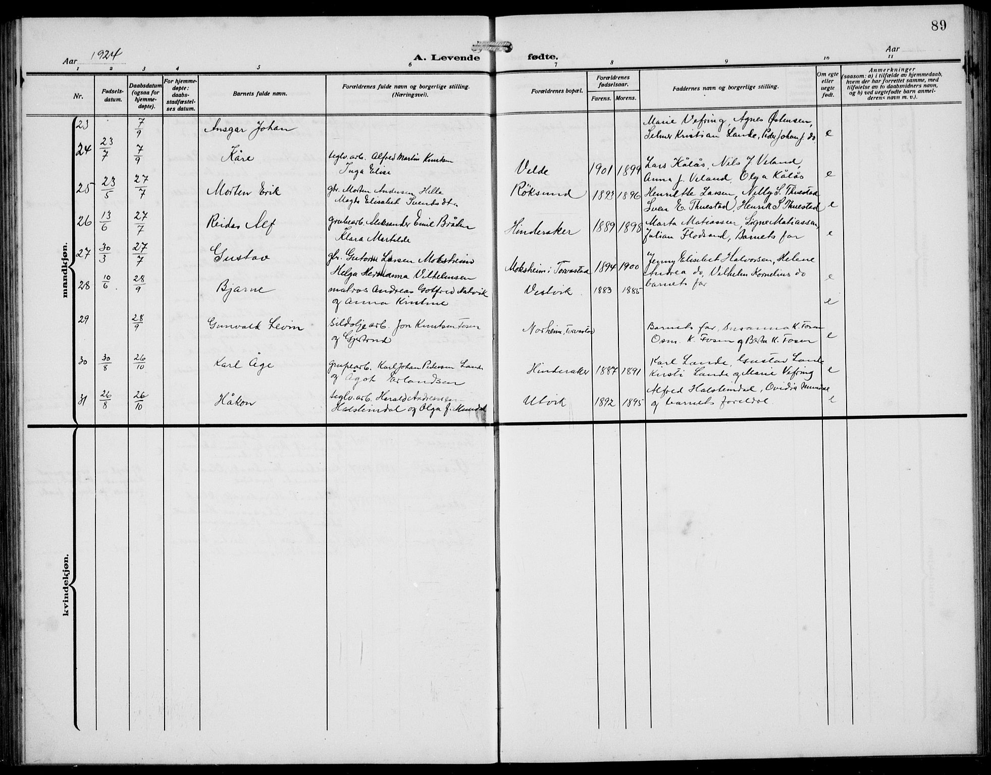 Avaldsnes sokneprestkontor, AV/SAST-A -101851/H/Ha/Hab/L0008: Parish register (copy) no. B 8, 1910-1939, p. 89