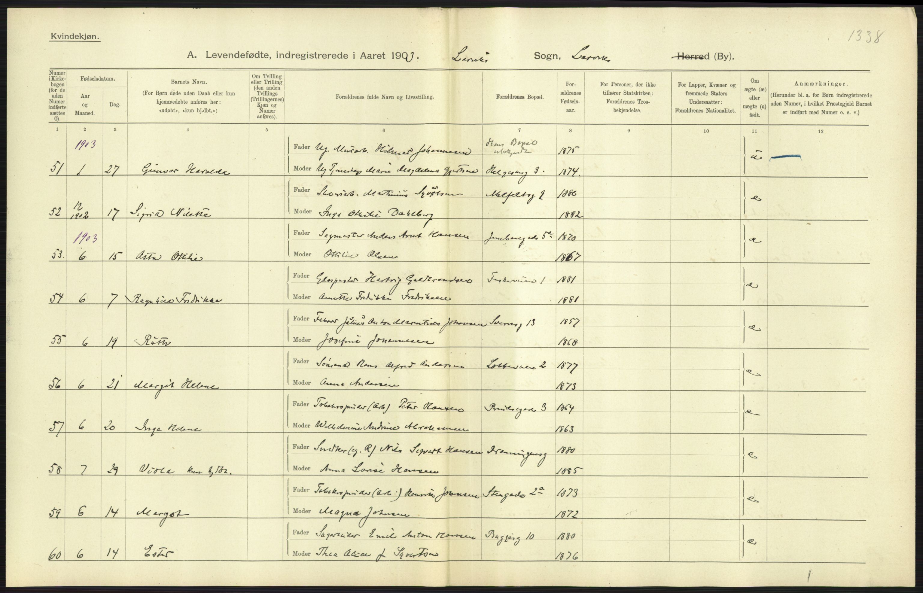 Statistisk sentralbyrå, Sosiodemografiske emner, Befolkning, AV/RA-S-2228/D/Df/Dfa/Dfaa/L0008: Jarlsberg og Larvik amt: Fødte, gifte, døde, 1903, p. 257