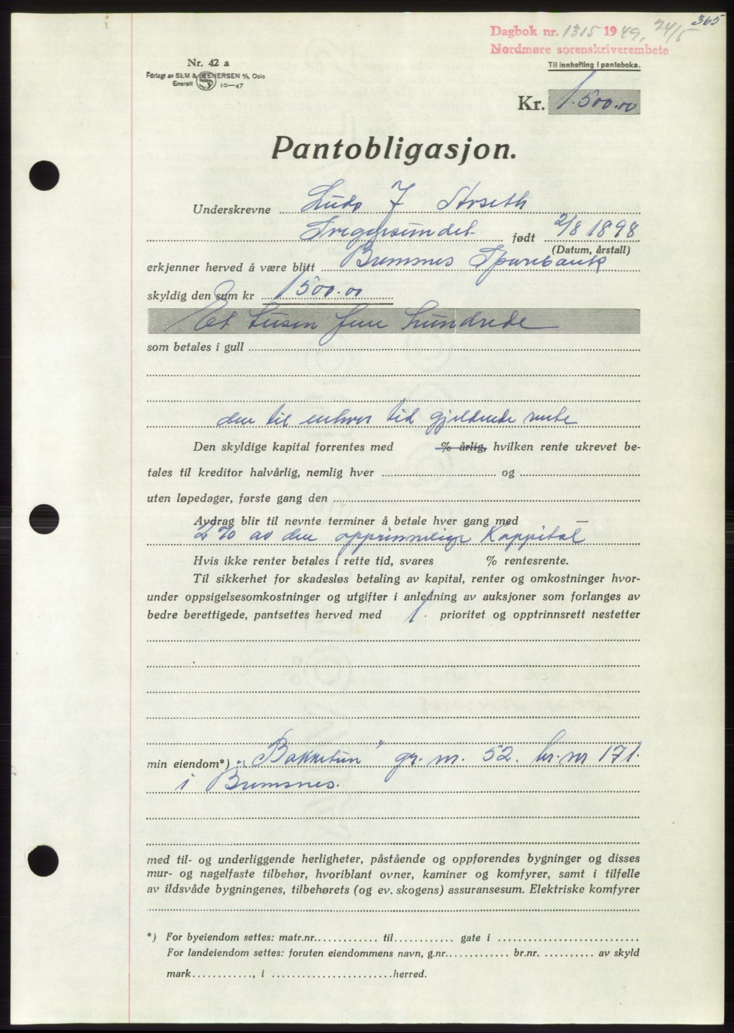 Nordmøre sorenskriveri, AV/SAT-A-4132/1/2/2Ca: Mortgage book no. B101, 1949-1949, Diary no: : 1315/1949