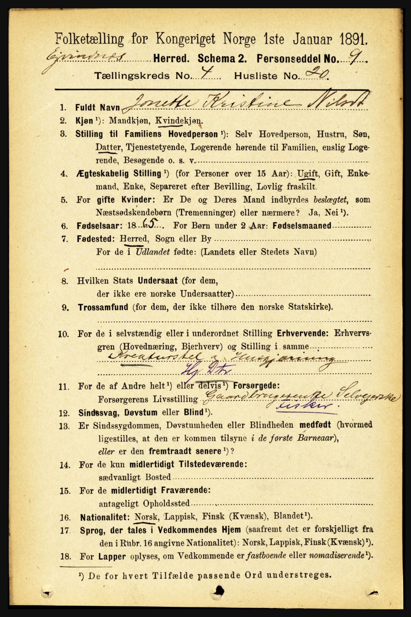 RA, 1891 census for 1853 Evenes, 1891, p. 1365
