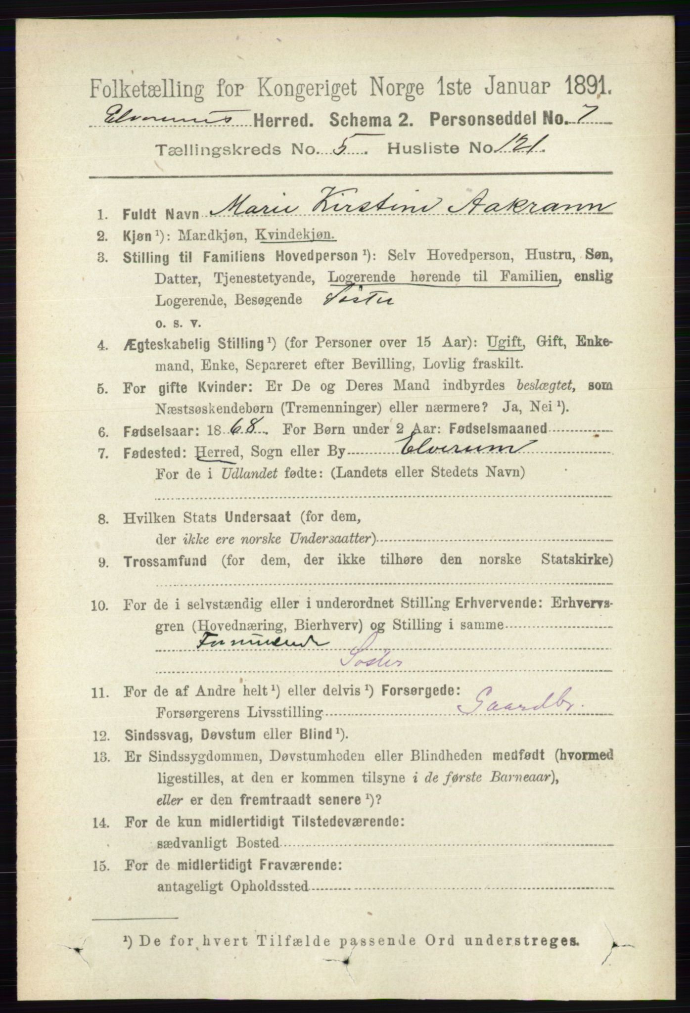 RA, 1891 census for 0427 Elverum, 1891, p. 3984