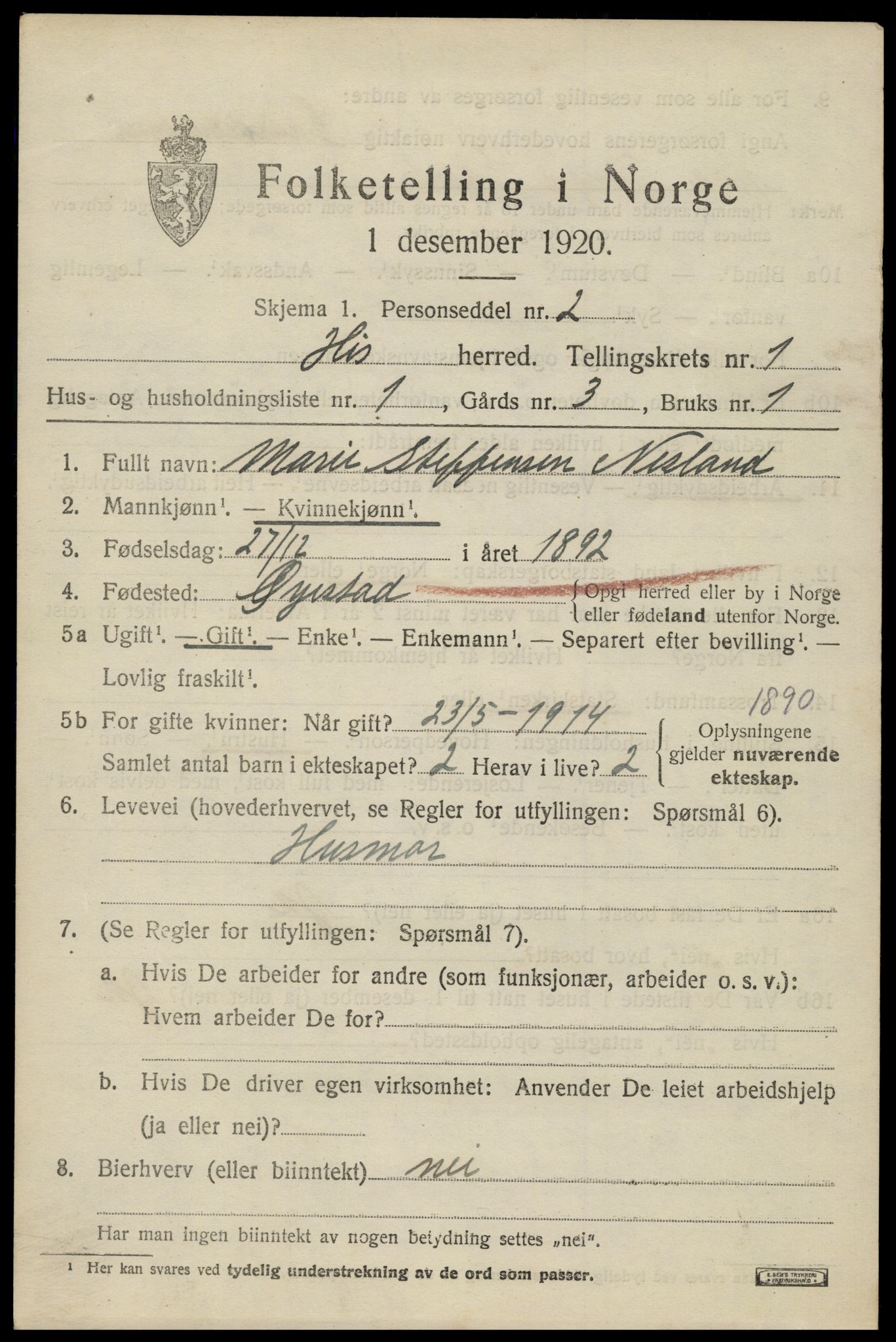 SAK, 1920 census for Hisøy, 1920, p. 1078