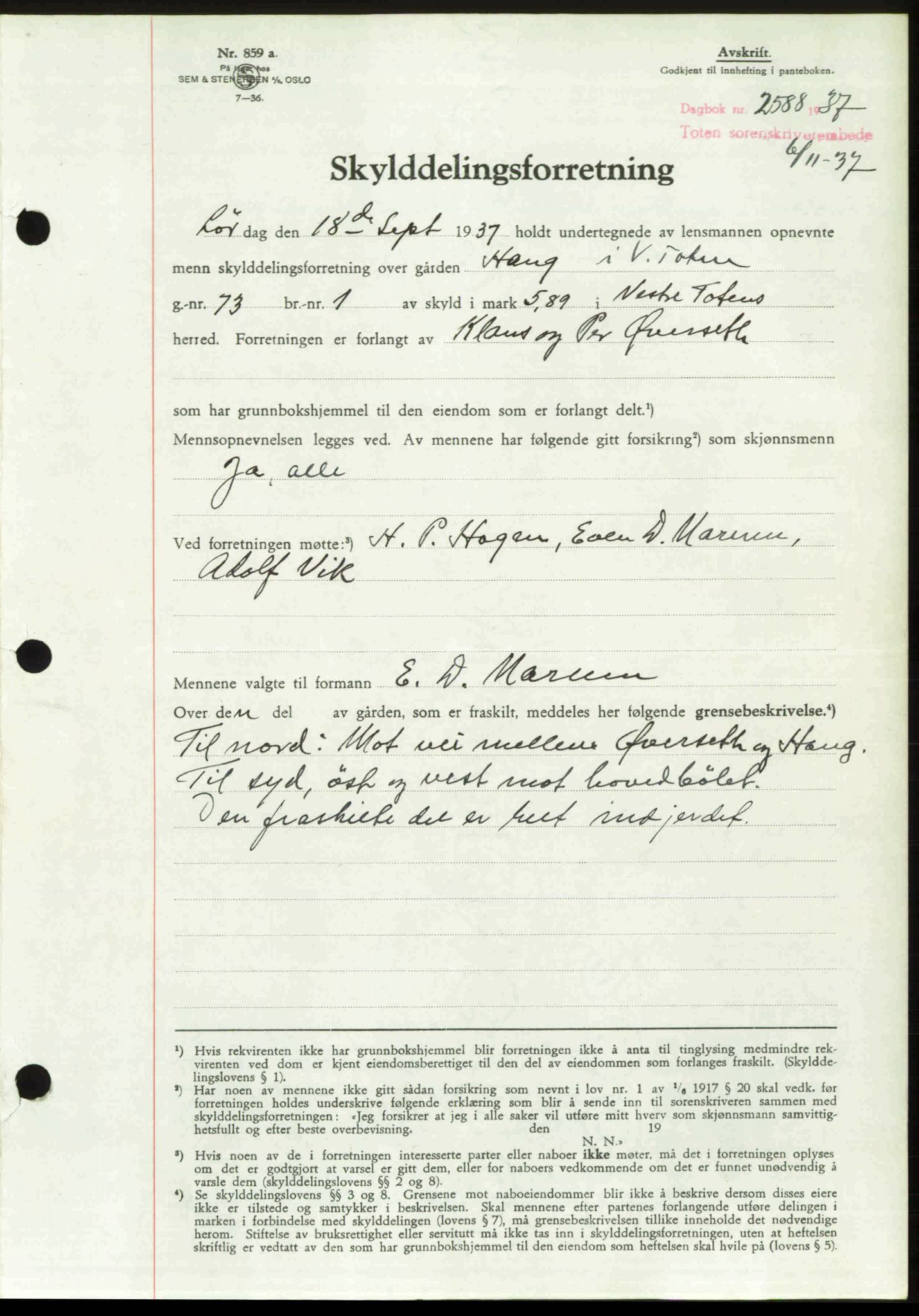Toten tingrett, SAH/TING-006/H/Hb/Hbc/L0003: Mortgage book no. Hbc-03, 1937-1938, Diary no: : 2588/1937