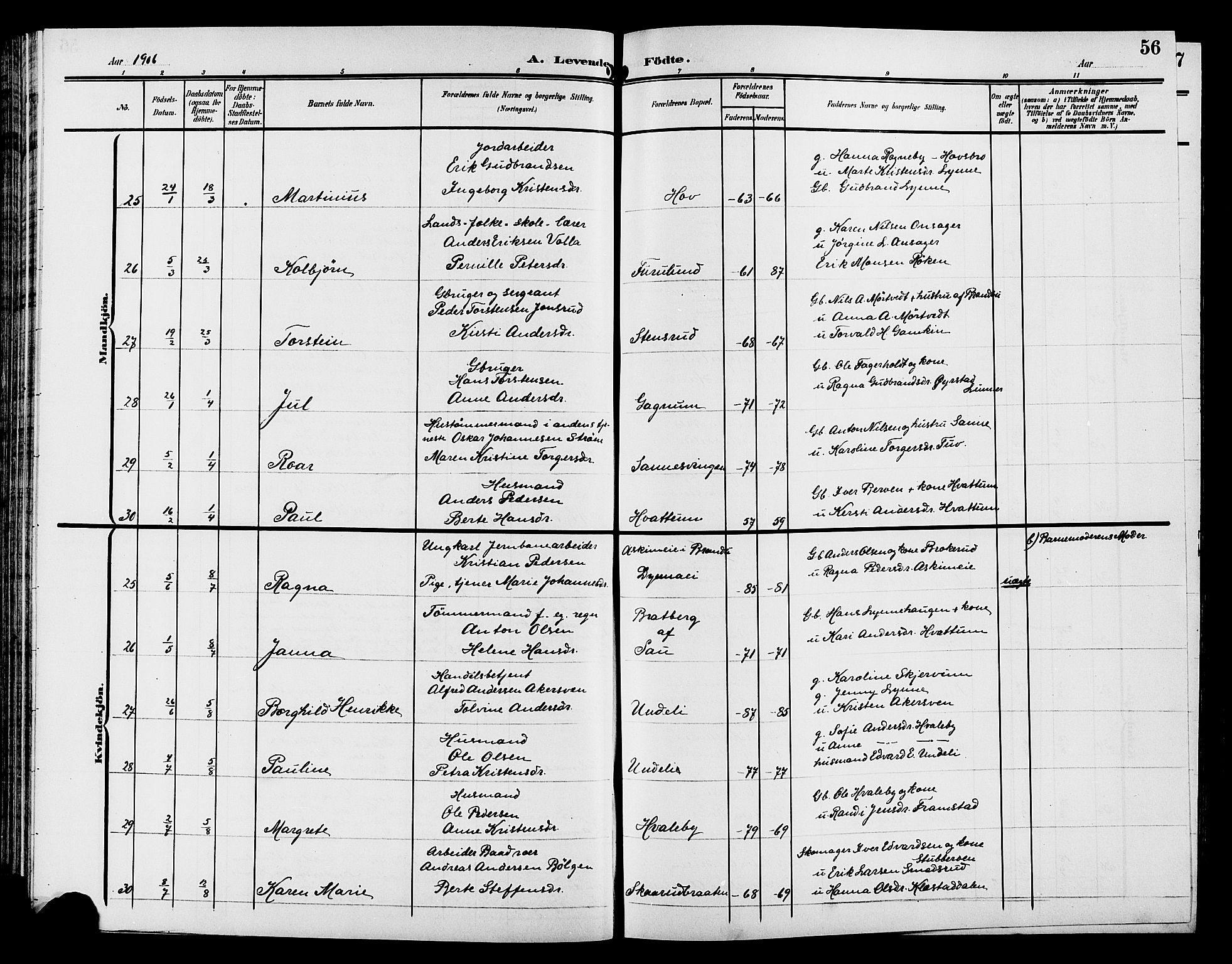 Gran prestekontor, AV/SAH-PREST-112/H/Ha/Hab/L0006: Parish register (copy) no. 6, 1901-1911, p. 56
