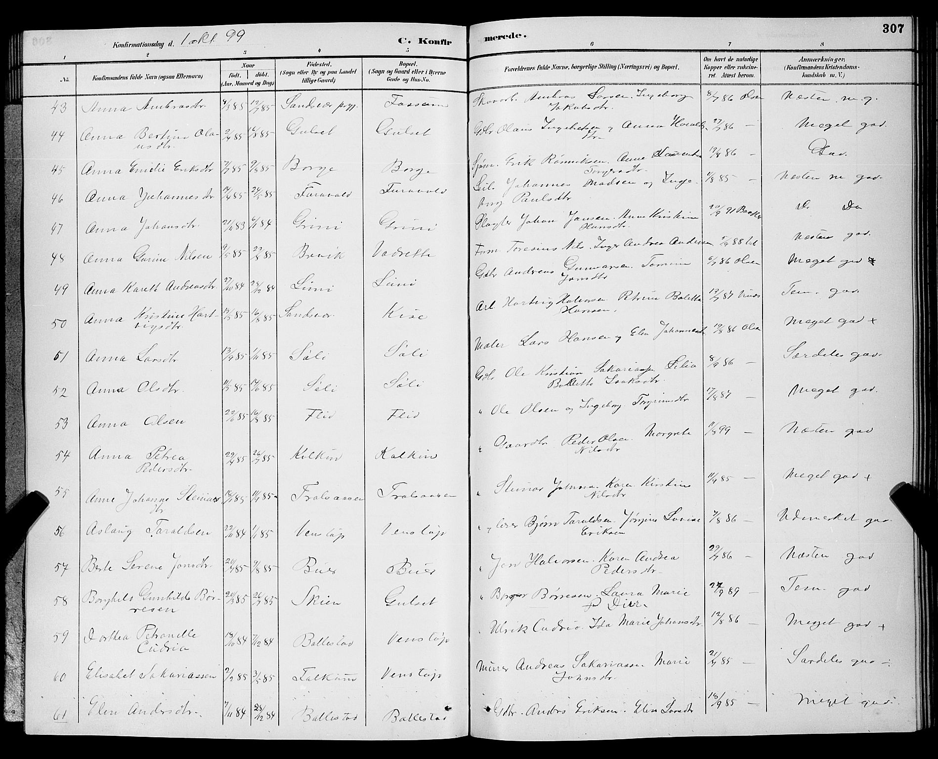 Gjerpen kirkebøker, AV/SAKO-A-265/G/Ga/L0002: Parish register (copy) no. I 2, 1883-1900, p. 307