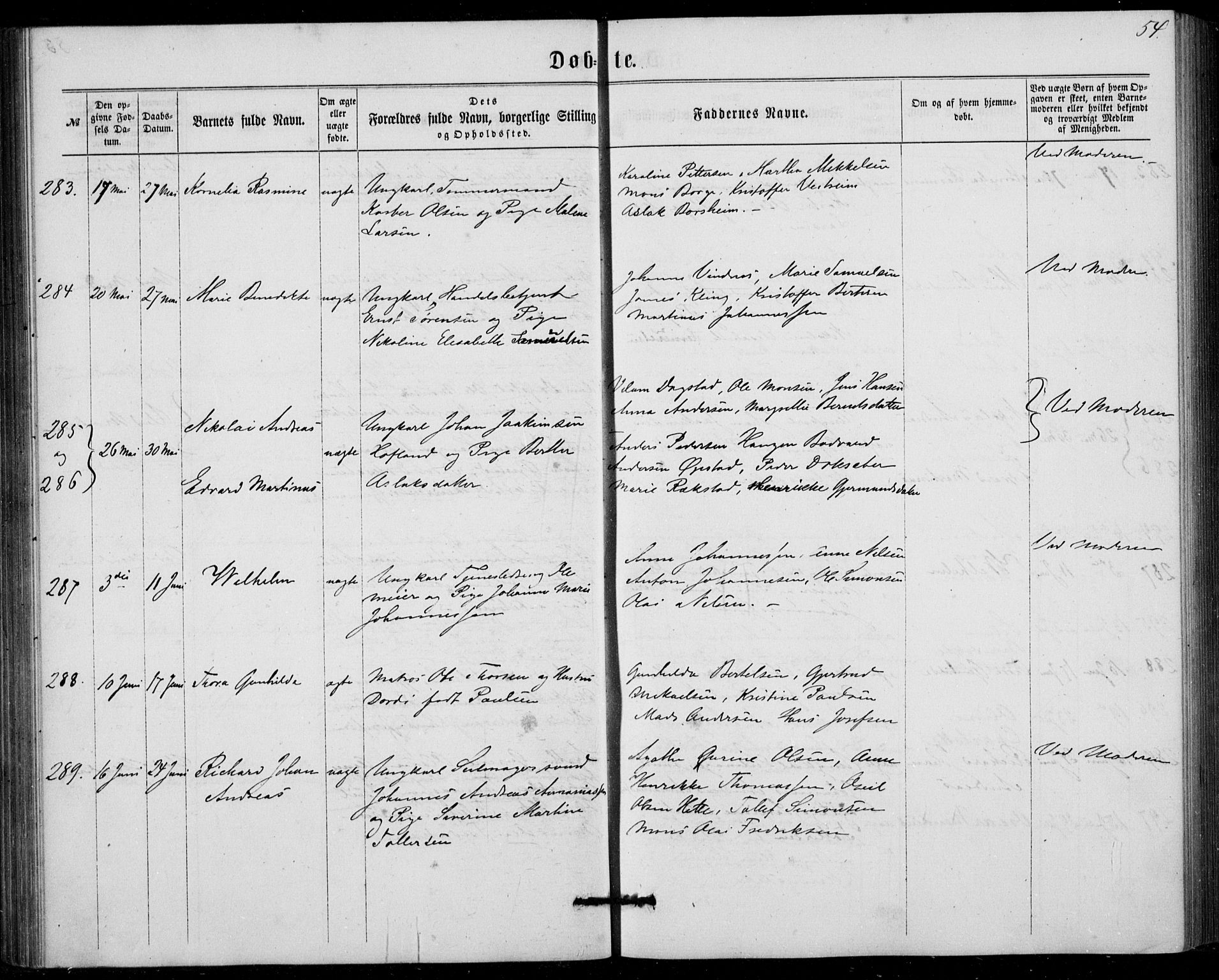 Fødselsstiftelsens sokneprestembete, ført av overlegen*, SAB/-: Parish register (official) no. A 1, 1863-1883, p. 54