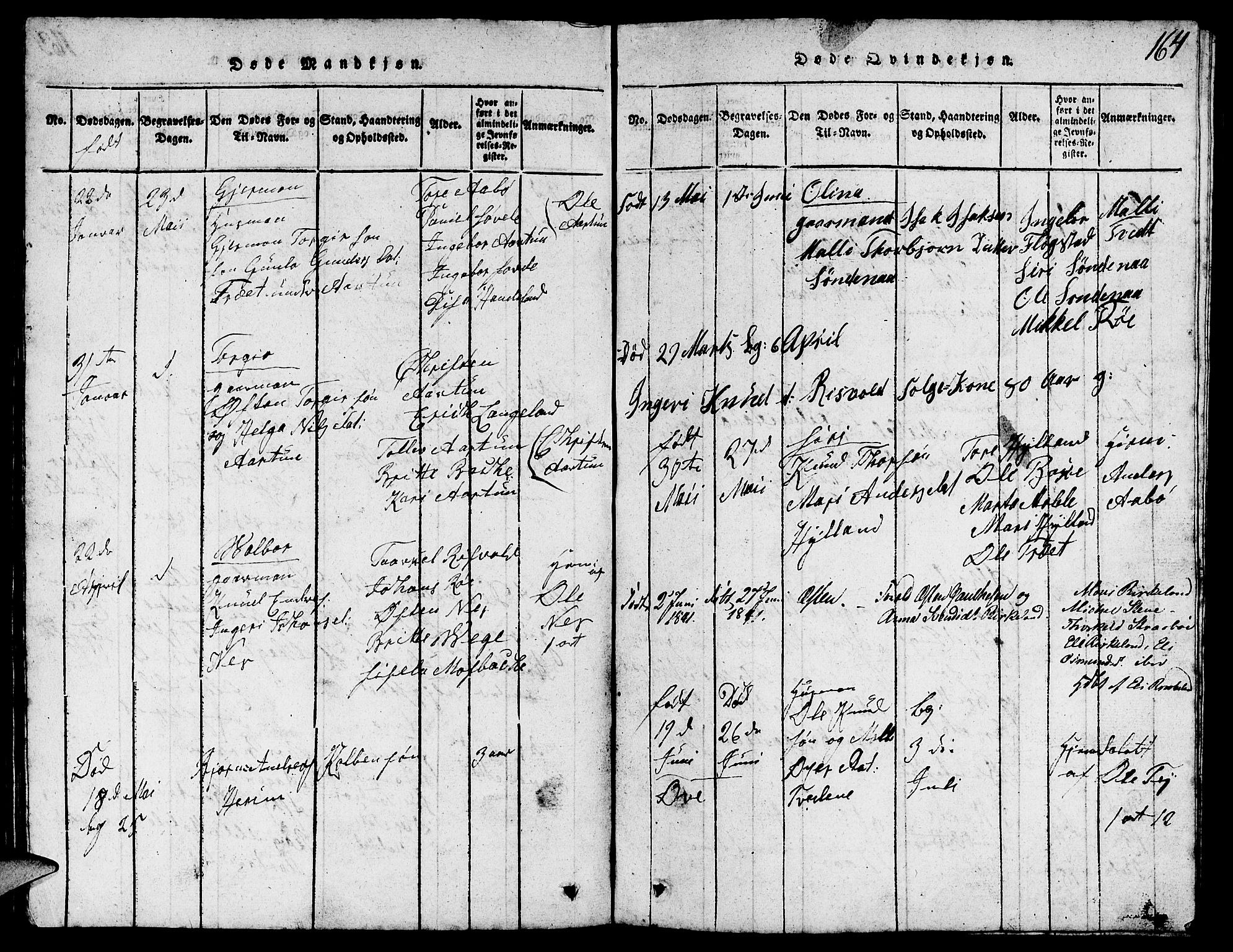 Suldal sokneprestkontor, SAST/A-101845/01/V/L0002: Parish register (copy) no. B 2, 1816-1845, p. 164