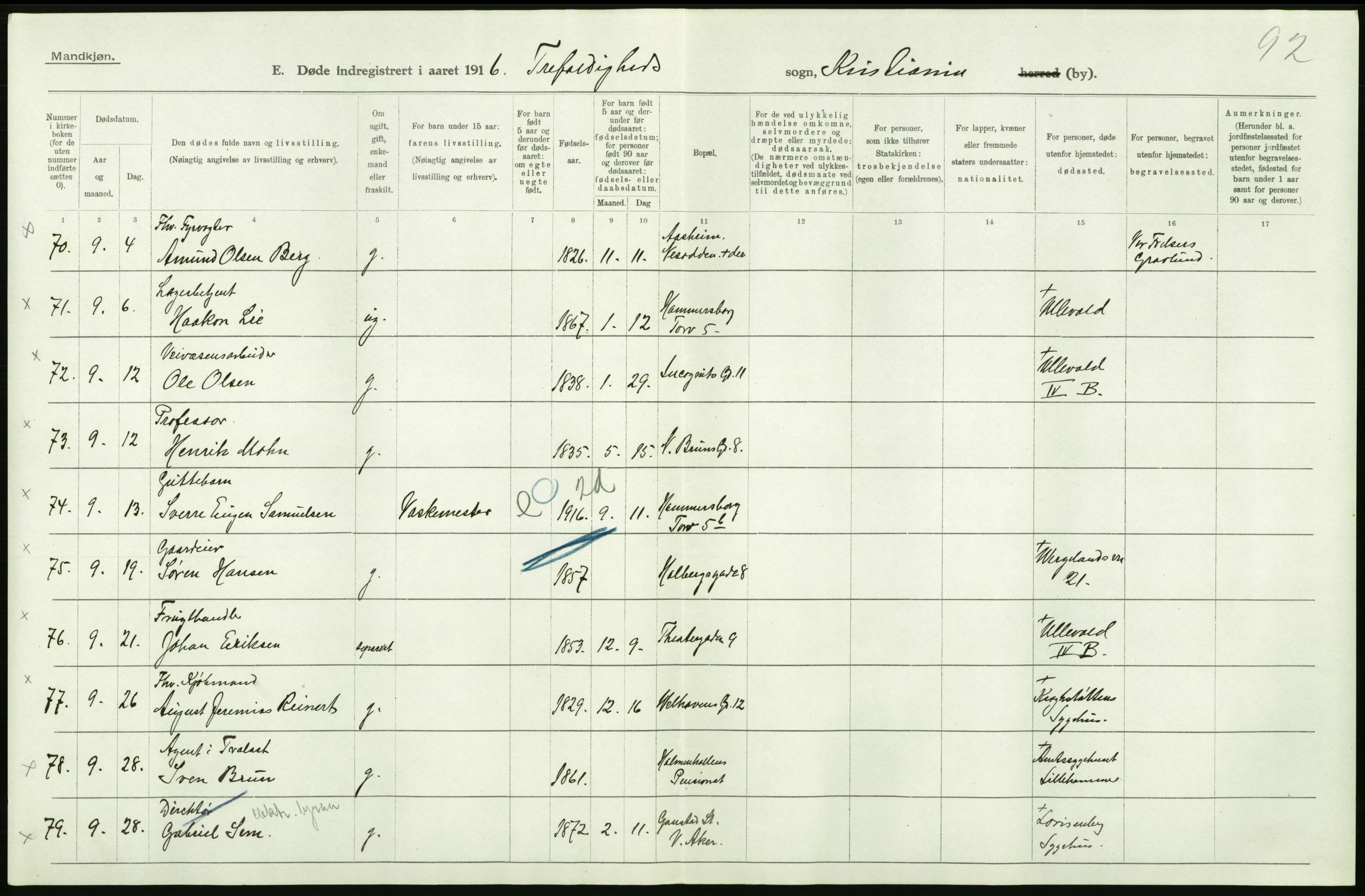 Statistisk sentralbyrå, Sosiodemografiske emner, Befolkning, AV/RA-S-2228/D/Df/Dfb/Dfbf/L0010: Kristiania: Døde, dødfødte., 1916, p. 168