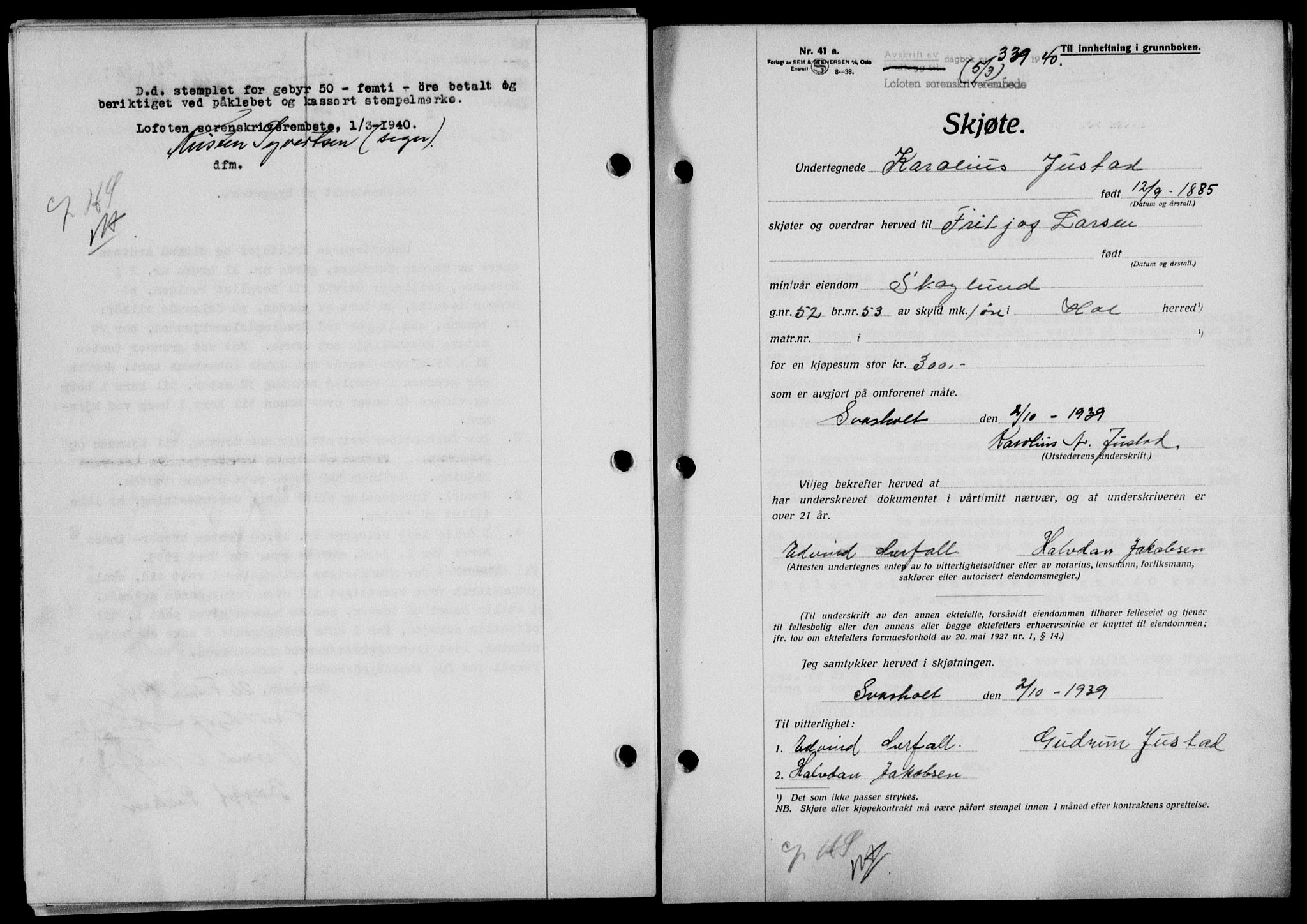Lofoten sorenskriveri, SAT/A-0017/1/2/2C/L0007a: Mortgage book no. 7a, 1939-1940, Diary no: : 339/1940