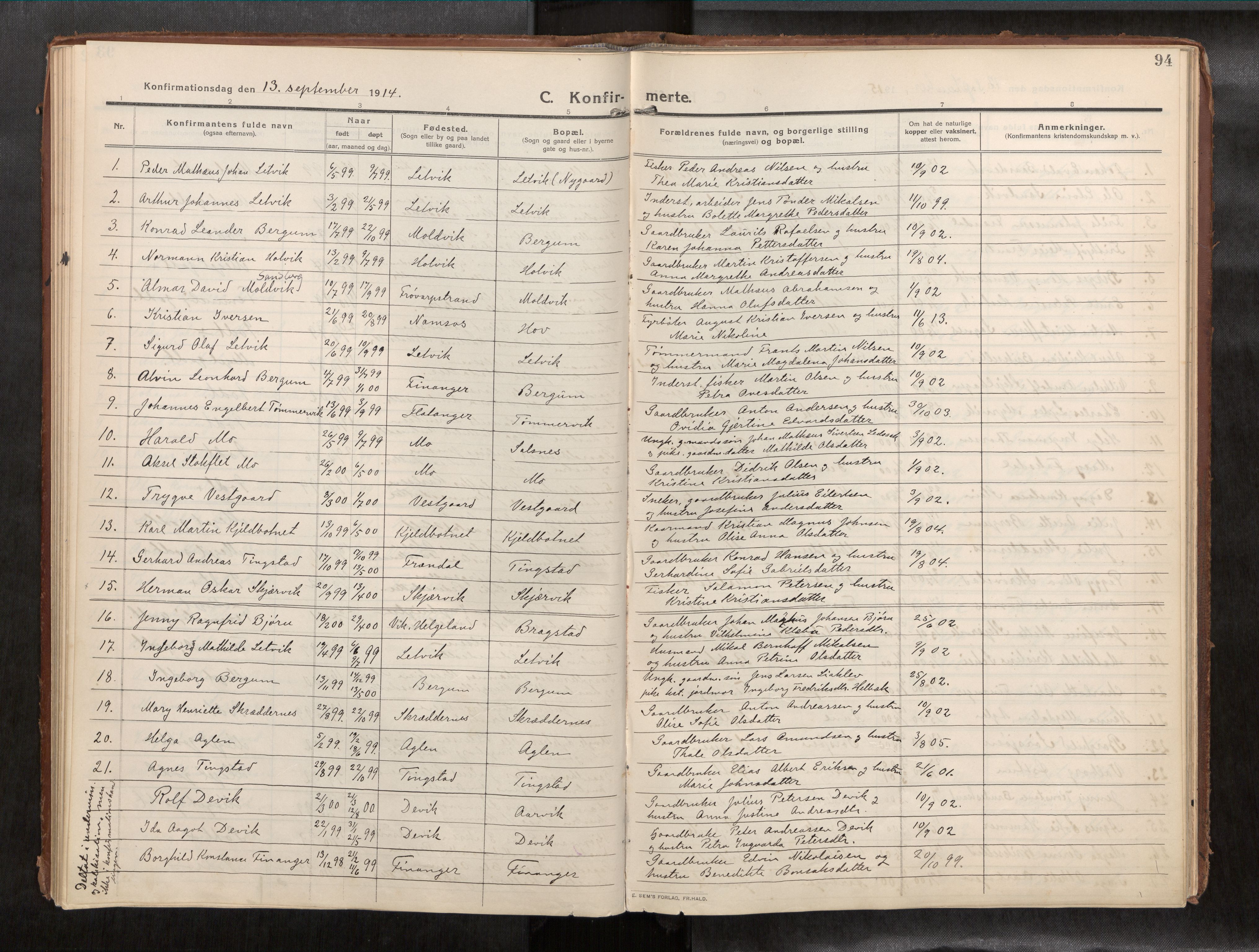 Ministerialprotokoller, klokkerbøker og fødselsregistre - Nord-Trøndelag, SAT/A-1458/773/L0624a: Parish register (official) no. 773A16, 1910-1936, p. 94