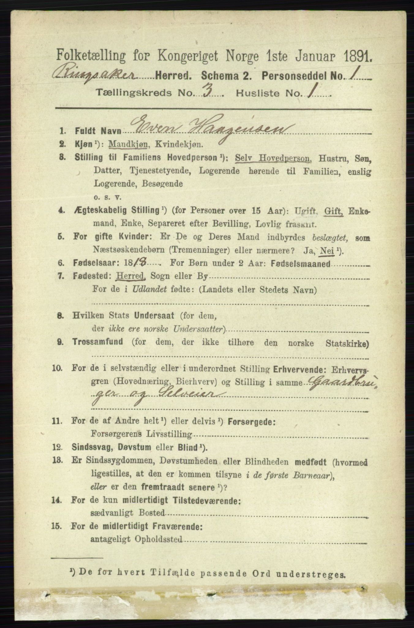 RA, 1891 census for 0412 Ringsaker, 1891, p. 1251