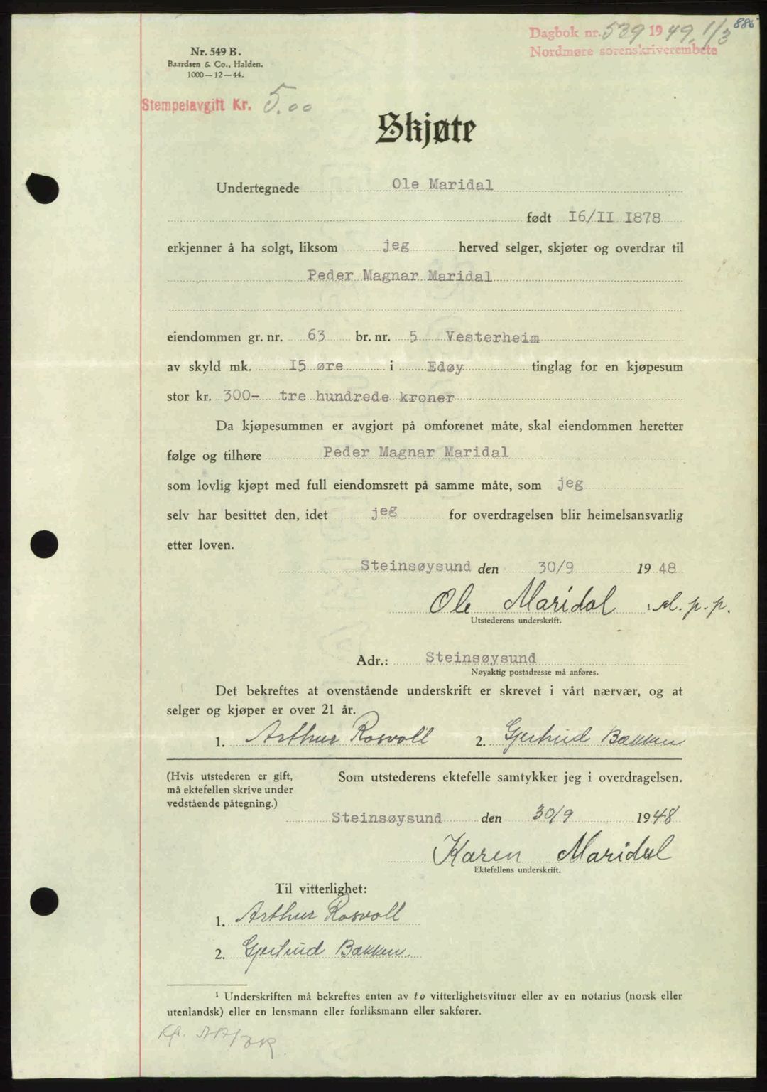 Nordmøre sorenskriveri, AV/SAT-A-4132/1/2/2Ca: Mortgage book no. A110, 1948-1949, Diary no: : 539/1949