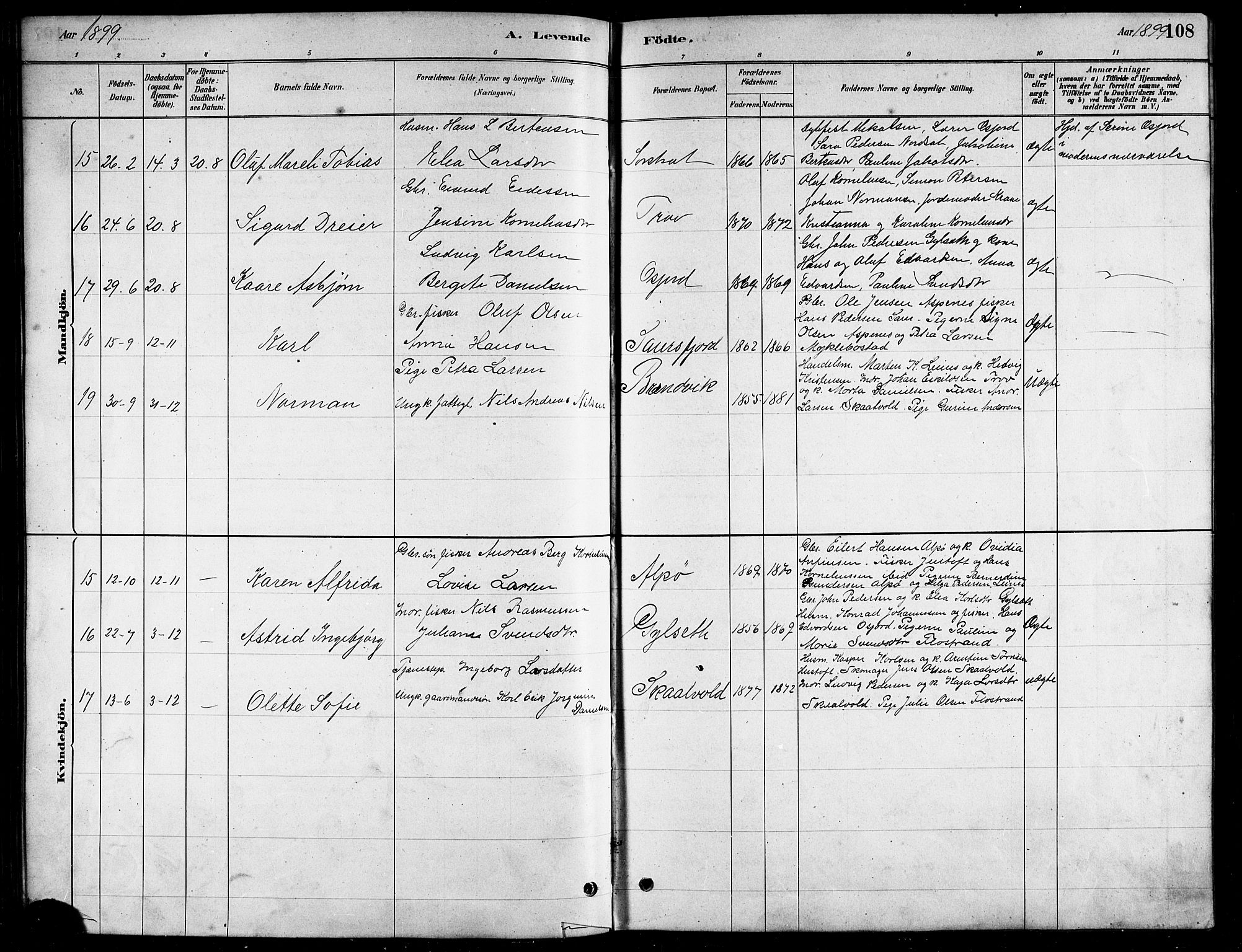 Ministerialprotokoller, klokkerbøker og fødselsregistre - Nordland, AV/SAT-A-1459/857/L0828: Parish register (copy) no. 857C03, 1879-1908, p. 108