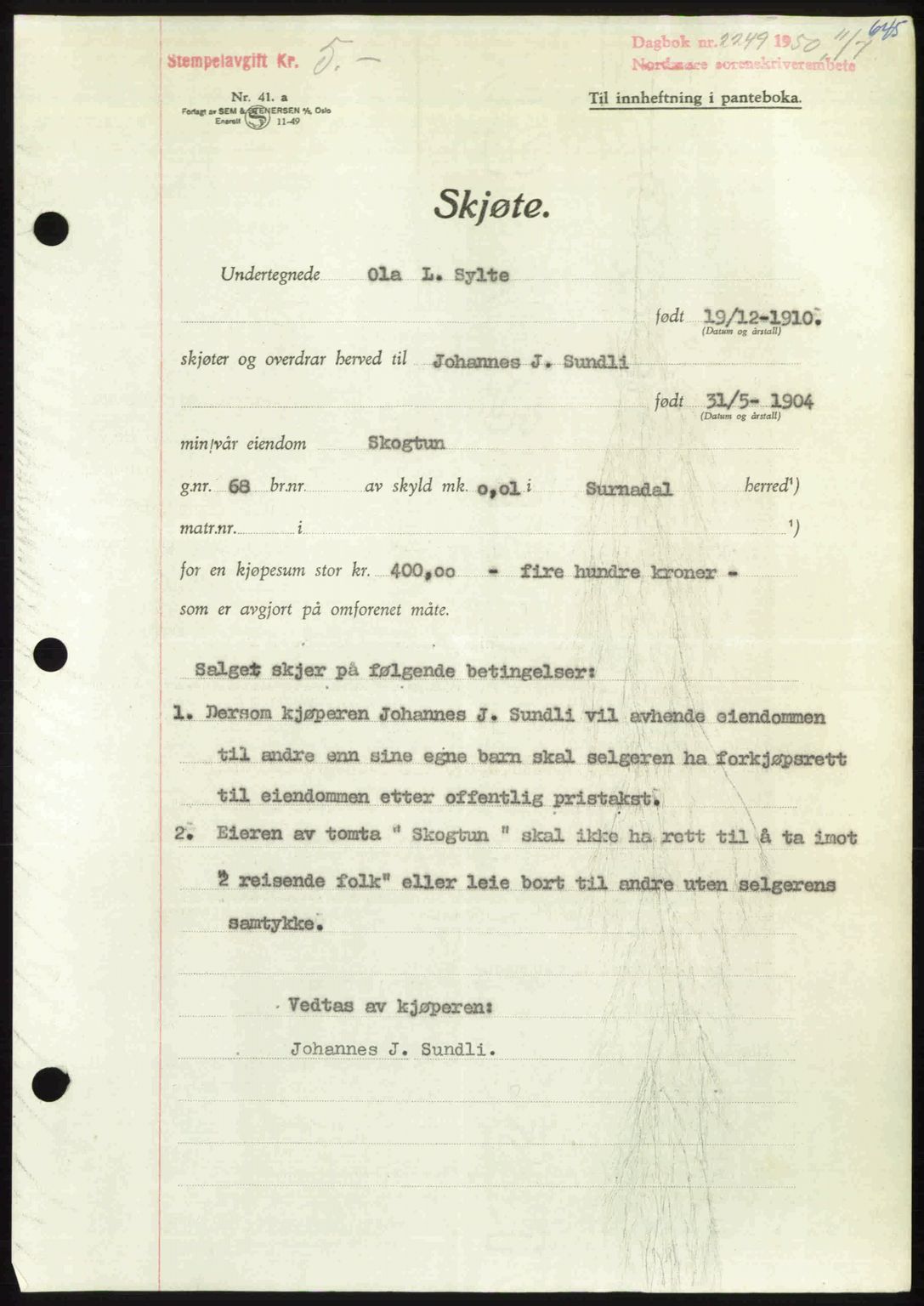 Nordmøre sorenskriveri, AV/SAT-A-4132/1/2/2Ca: Mortgage book no. A115, 1950-1950, Diary no: : 2249/1950