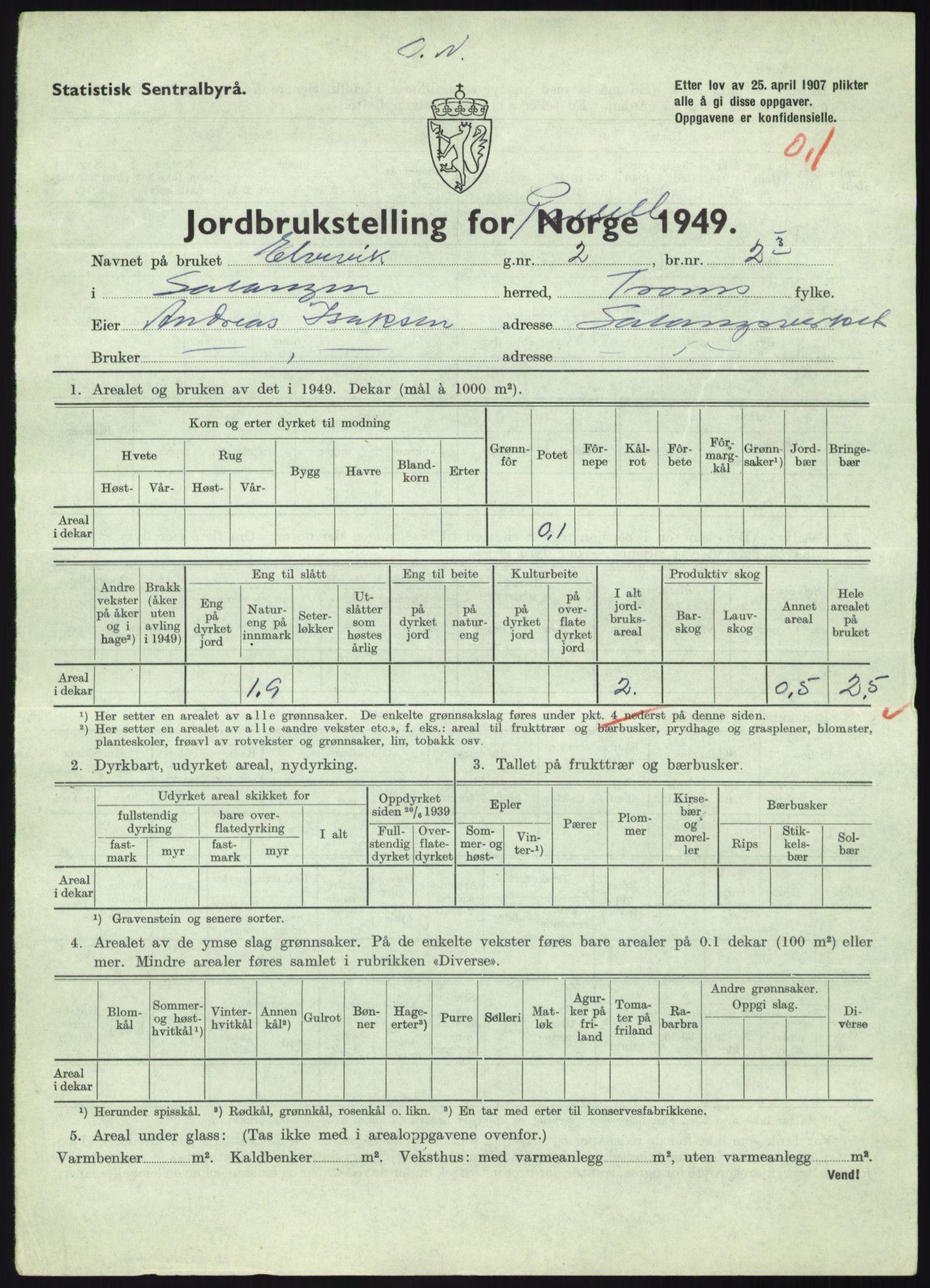 Statistisk sentralbyrå, Næringsøkonomiske emner, Jordbruk, skogbruk, jakt, fiske og fangst, AV/RA-S-2234/G/Gc/L0438: Troms: Salangen og Bardu, 1949, p. 72