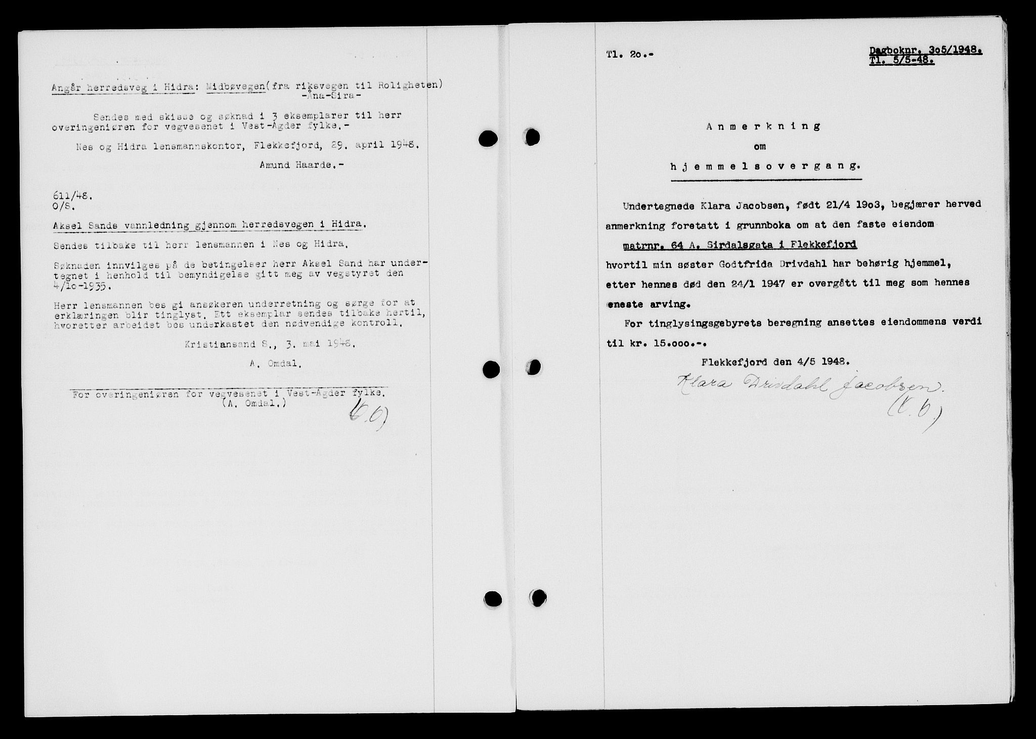 Flekkefjord sorenskriveri, AV/SAK-1221-0001/G/Gb/Gba/L0063: Mortgage book no. A-11, 1947-1948, Diary no: : 305/1948