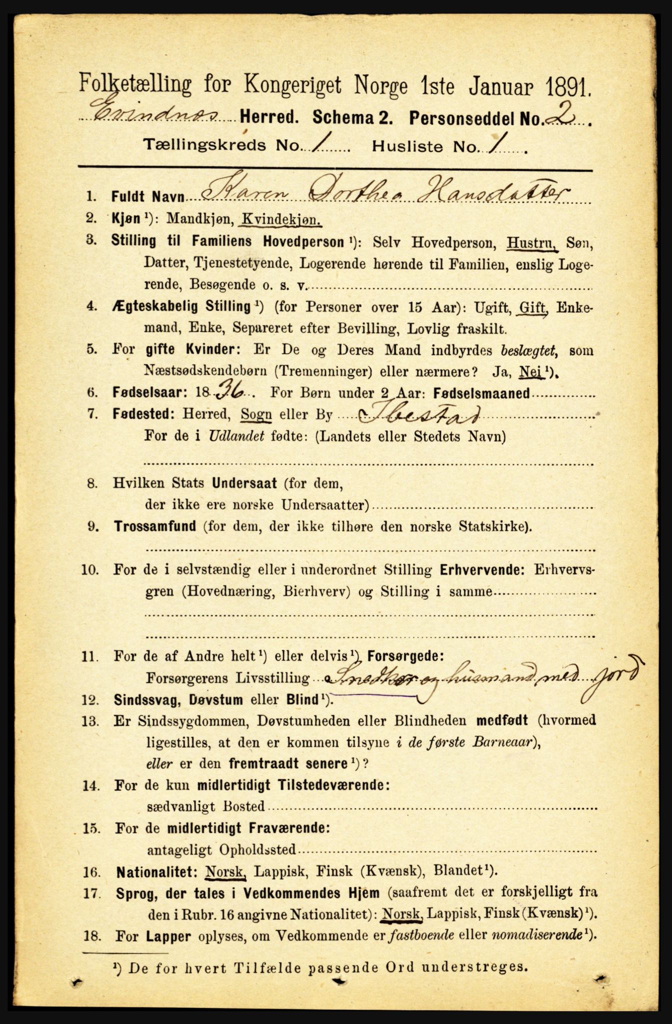 RA, 1891 census for 1853 Evenes, 1891, p. 81