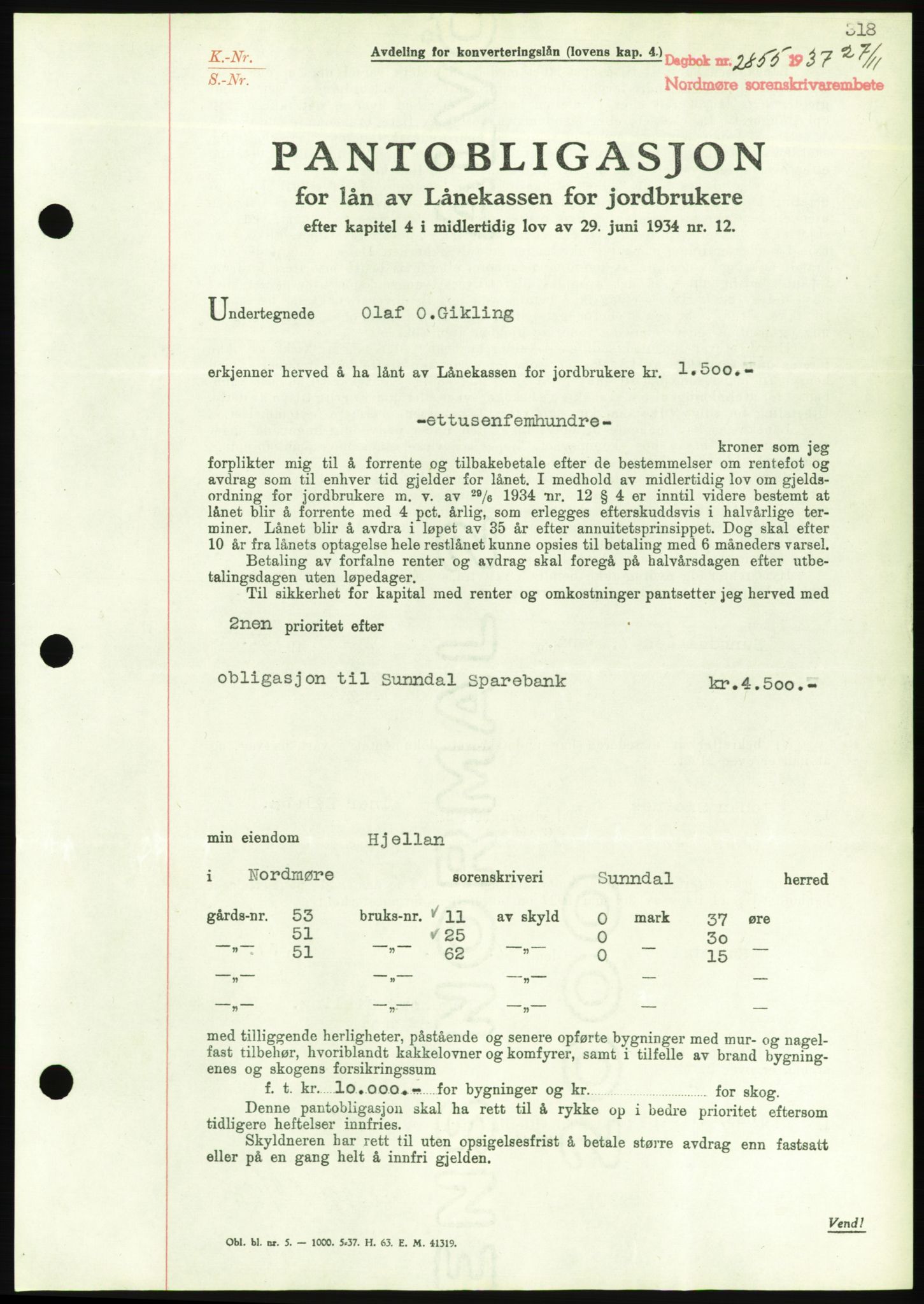 Nordmøre sorenskriveri, AV/SAT-A-4132/1/2/2Ca/L0092: Mortgage book no. B82, 1937-1938, Diary no: : 2855/1937