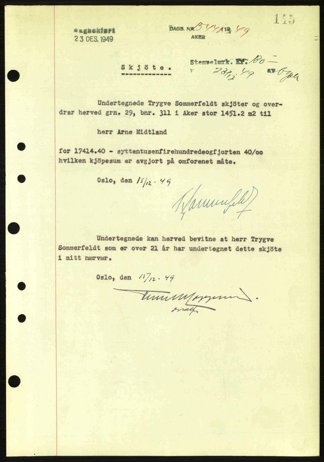 Oslo byskriverembete, AV/SAO-A-10227/G/Gb/Gbd/Gbda/L0017: Mortgage book no. A215, 1949-1950, Diary no: : 15441/1949