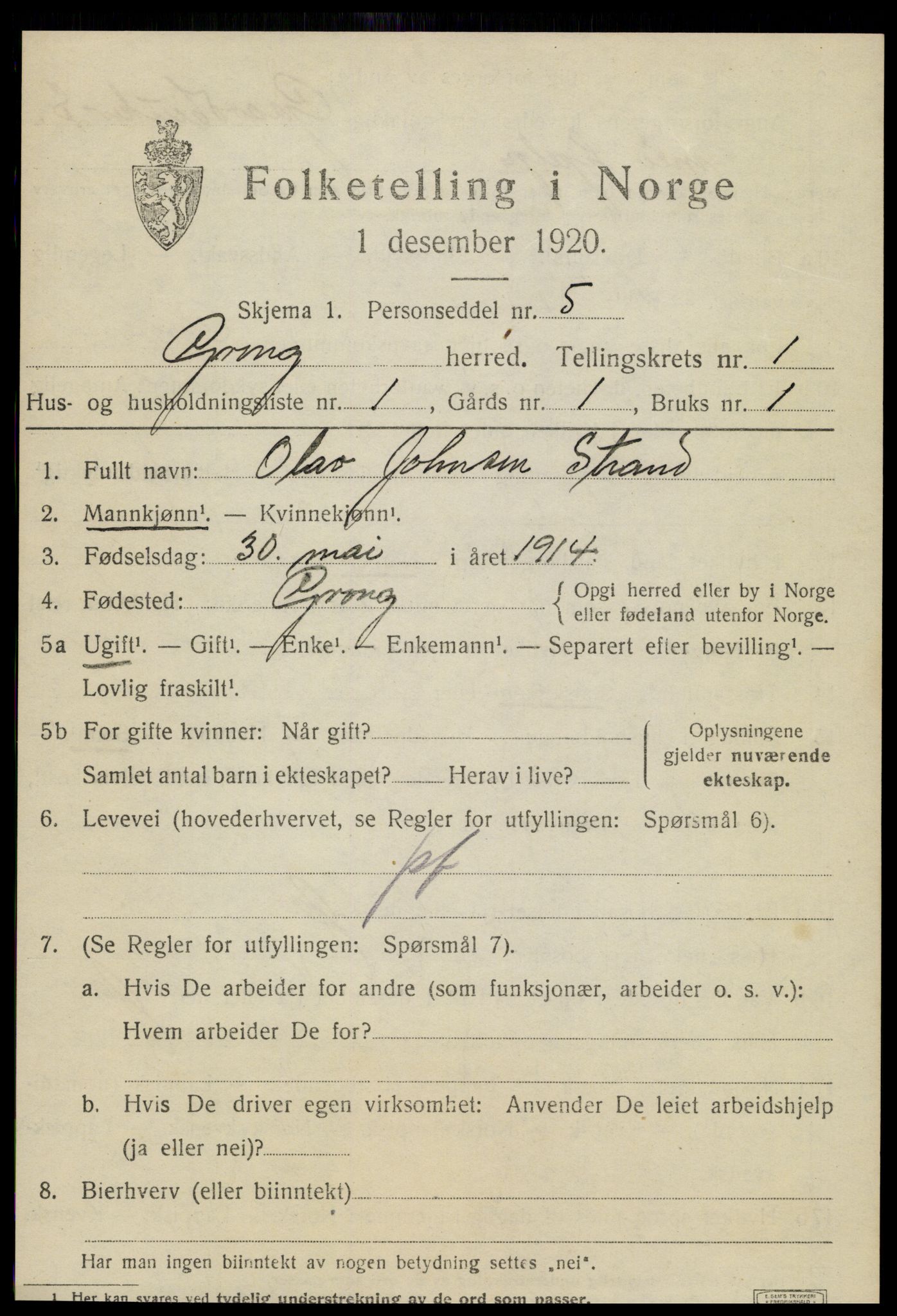 SAT, 1920 census for Grong, 1920, p. 1039