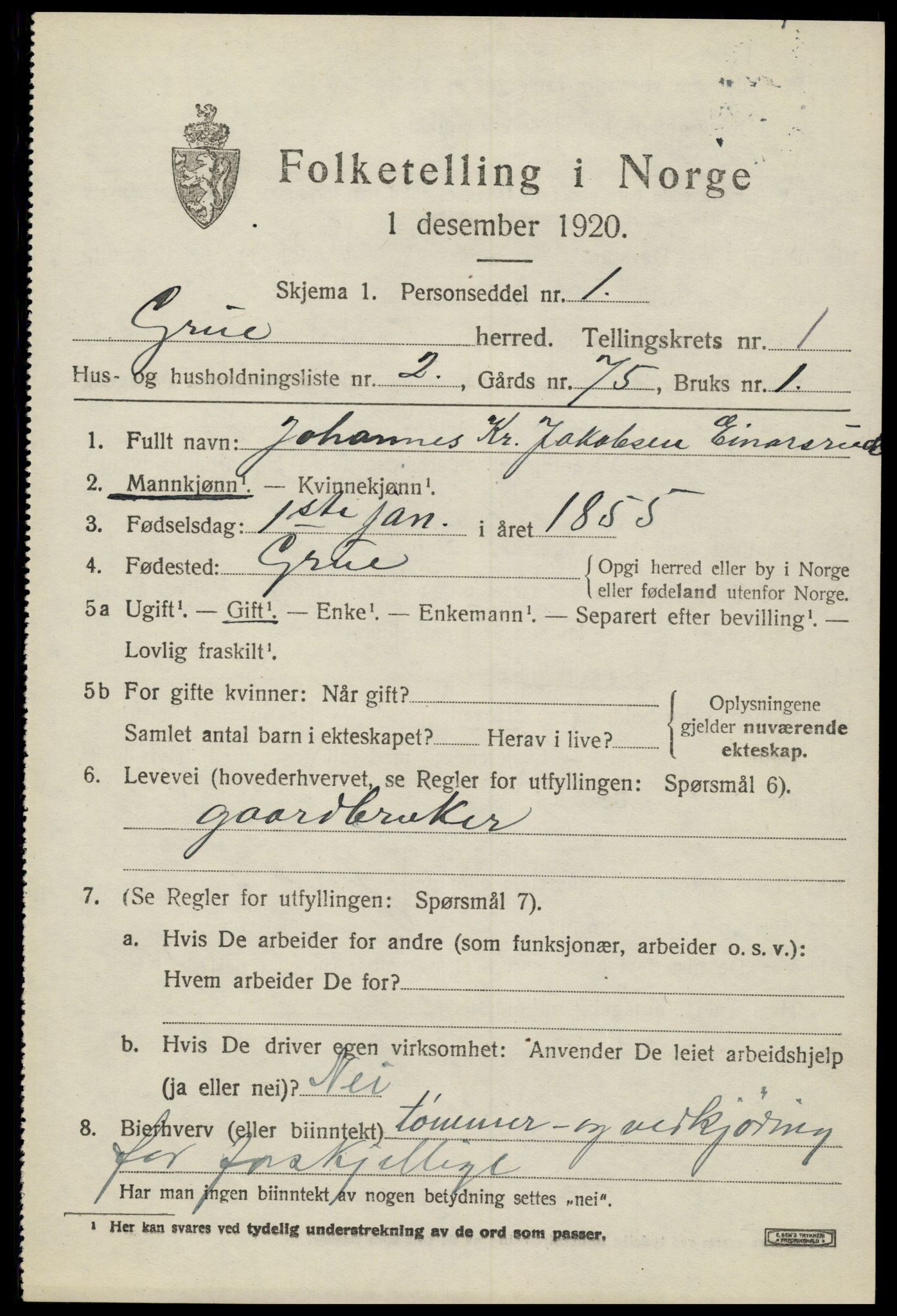 SAH, 1920 census for Grue, 1920, p. 2493