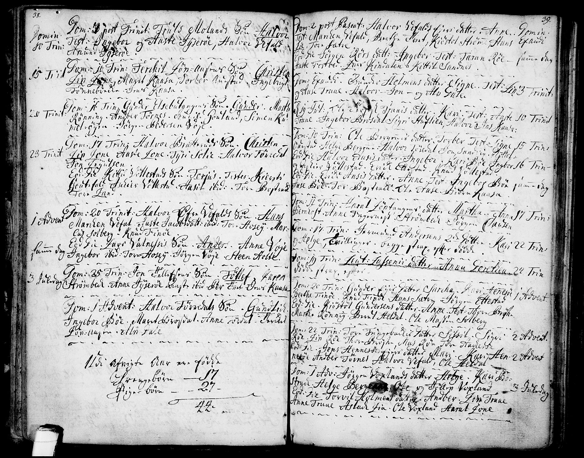 Drangedal kirkebøker, SAKO/A-258/F/Fa/L0001: Parish register (official) no. 1, 1697-1767, p. 38-39