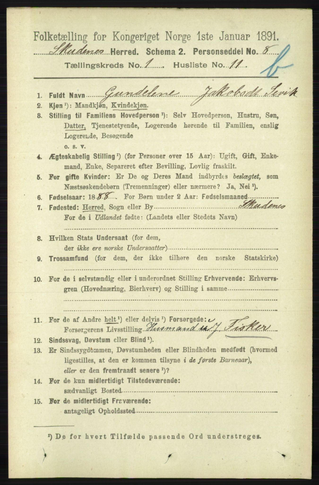 RA, 1891 census for 1150 Skudenes, 1891, p. 3463