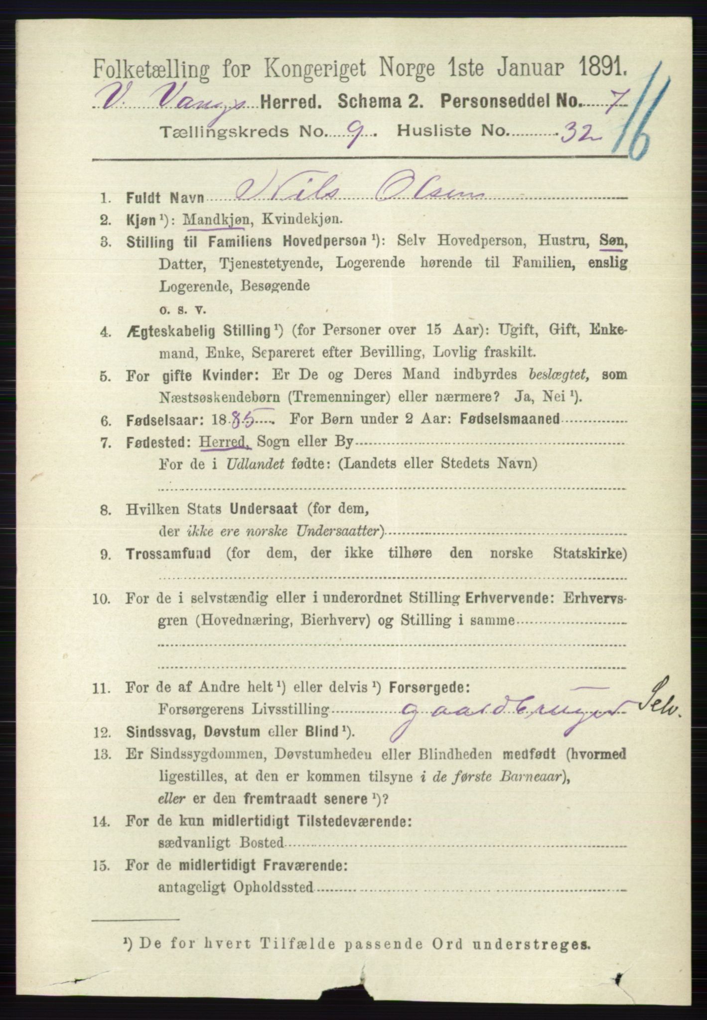 RA, 1891 census for 0545 Vang, 1891, p. 2142