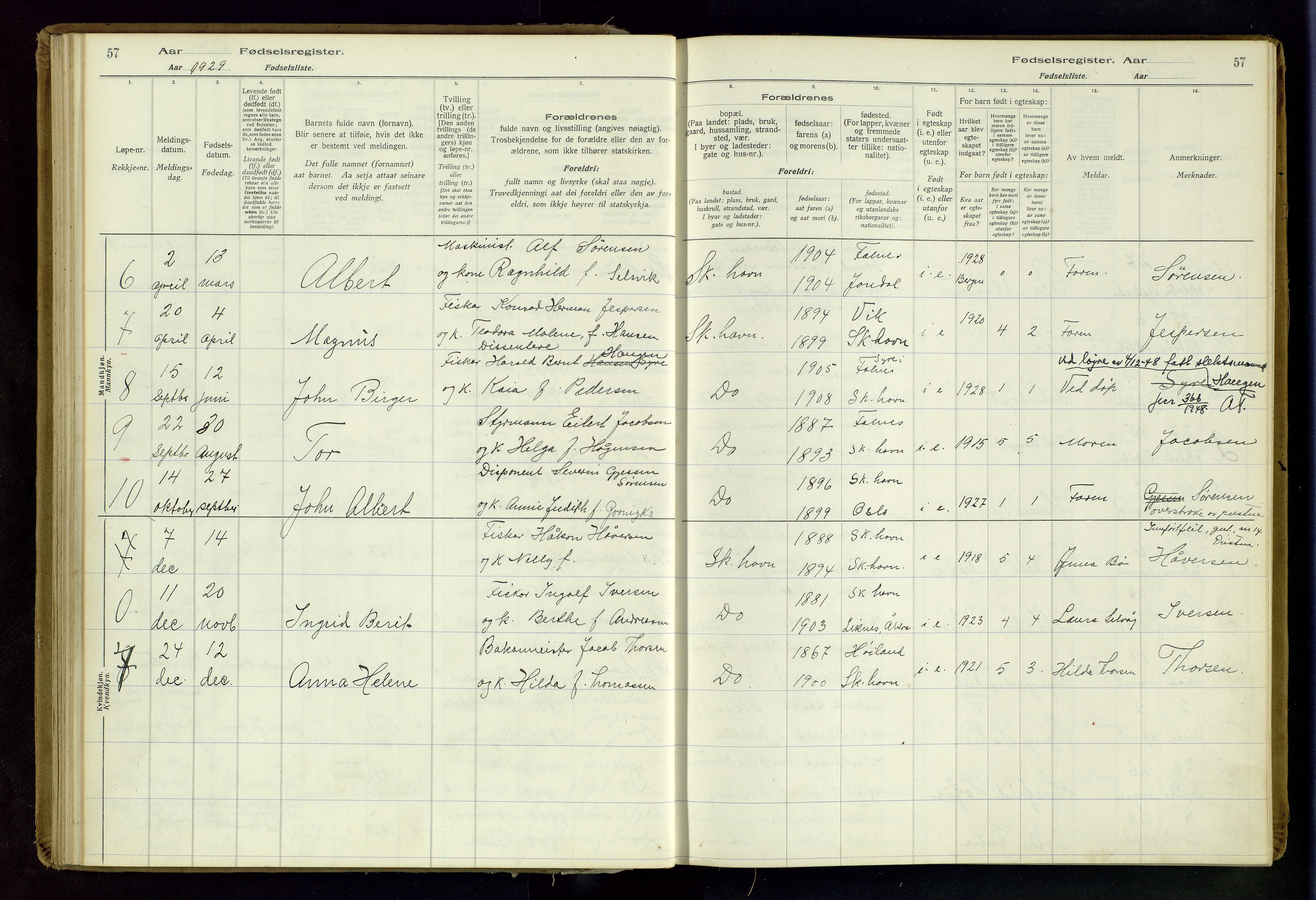 Skudenes sokneprestkontor, AV/SAST-A -101849/I/Id/L0003: Birth register no. 3, 1916-1964, p. 57