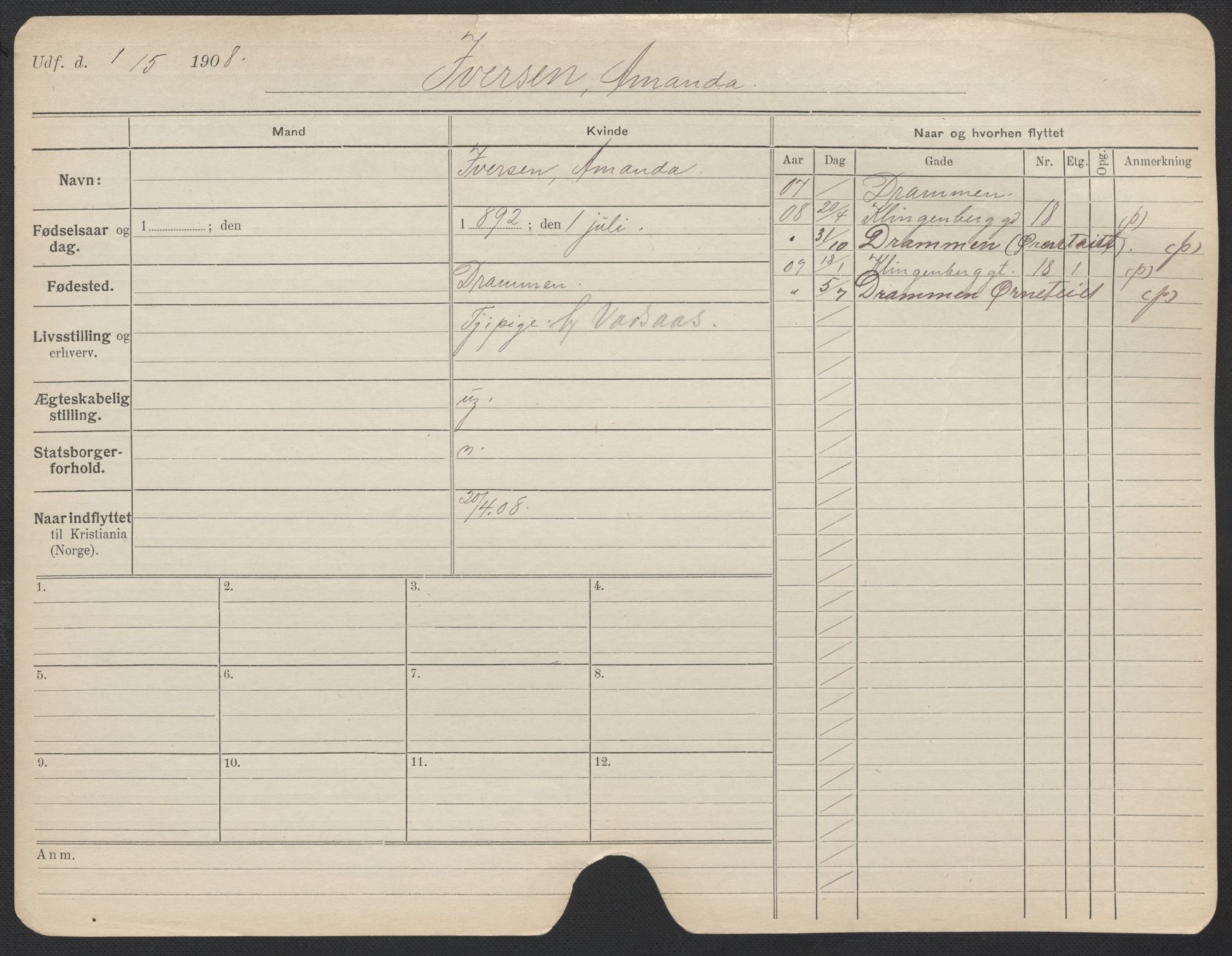 Oslo folkeregister, Registerkort, AV/SAO-A-11715/F/Fa/Fac/L0017: Kvinner, 1906-1914, p. 72a