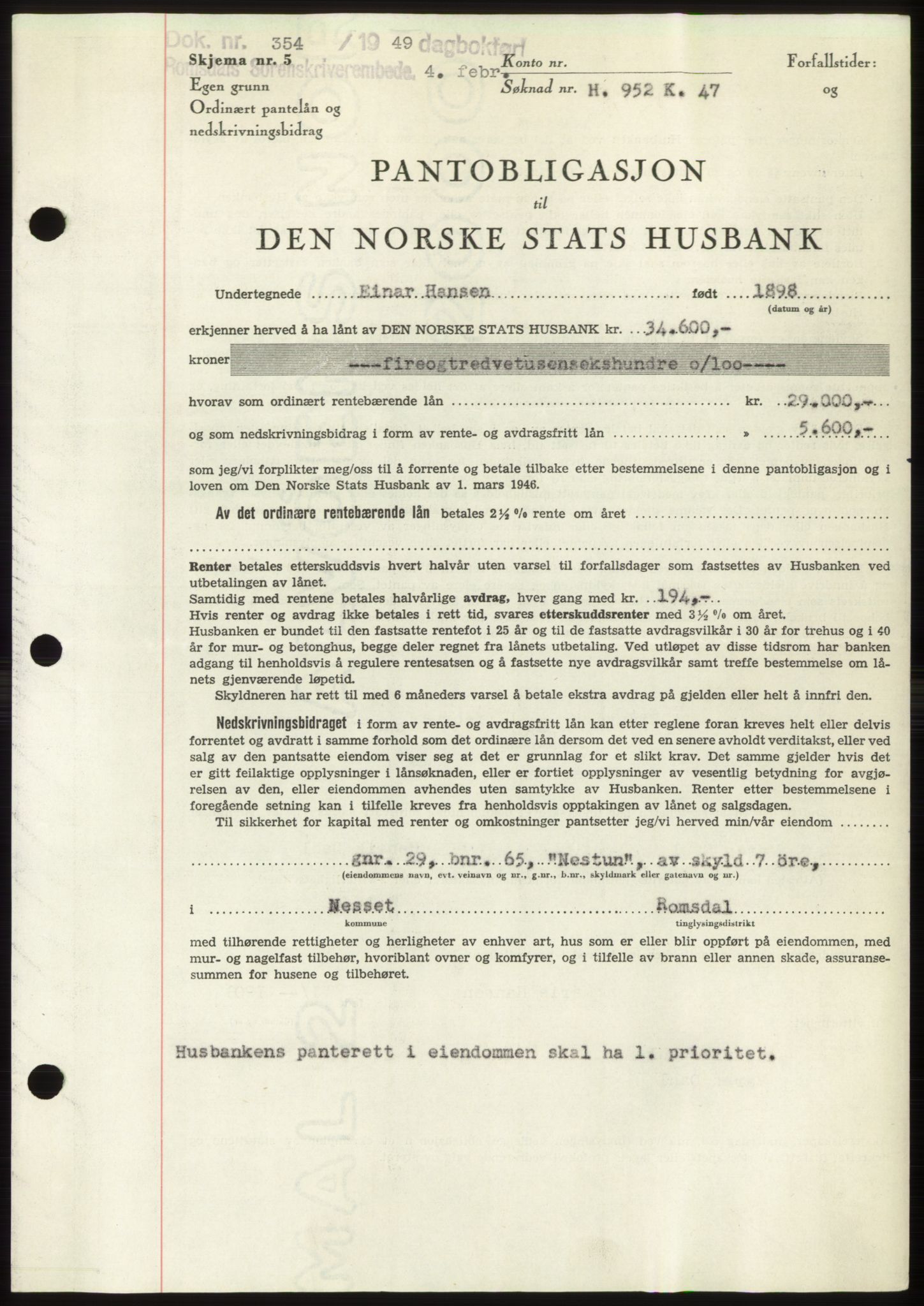 Romsdal sorenskriveri, AV/SAT-A-4149/1/2/2C: Mortgage book no. B4, 1948-1949, Diary no: : 354/1949