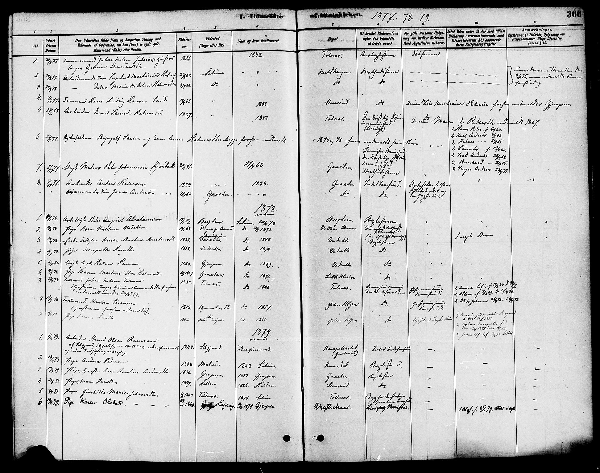 Solum kirkebøker, SAKO/A-306/F/Fa/L0009: Parish register (official) no. I 9, 1877-1887, p. 366