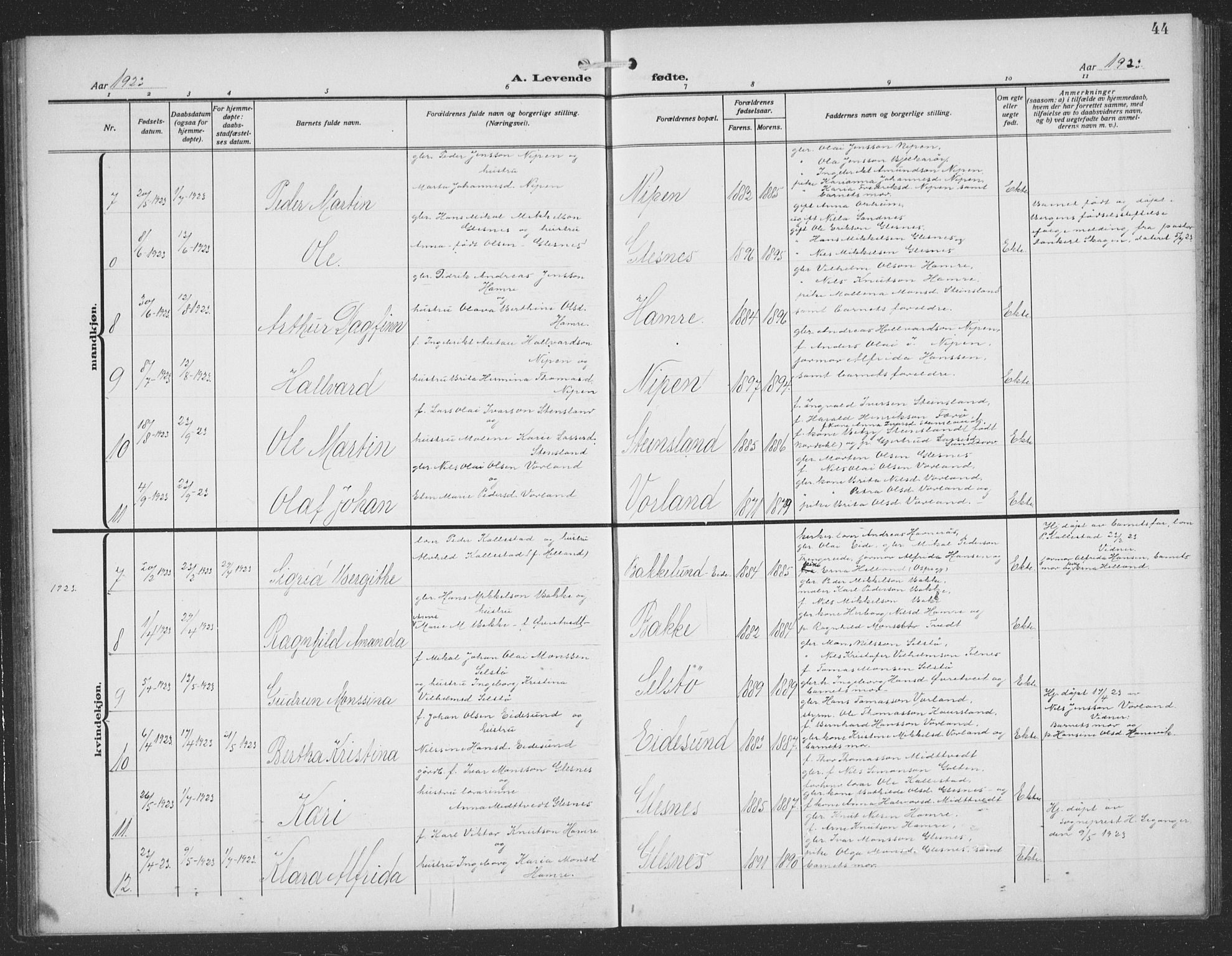 Sund sokneprestembete, AV/SAB-A-99930: Parish register (copy) no. C 1, 1913-1928, p. 44