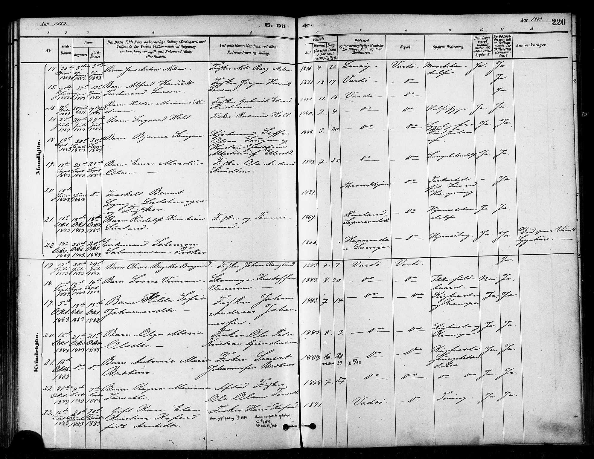 Vardø sokneprestkontor, SATØ/S-1332/H/Ha/L0006kirke: Parish register (official) no. 6, 1879-1886, p. 226