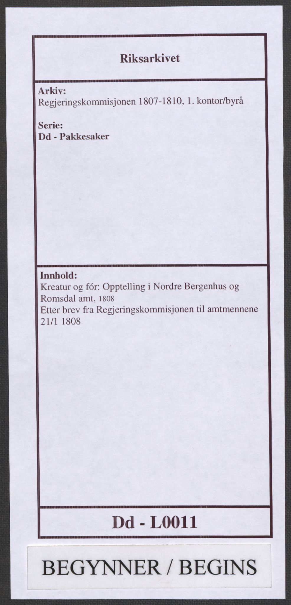 Regjeringskommisjonen 1807-1810, 1. kontor/byrå, AV/RA-EA-2871/Dd/L0011: Kreatur og fôr: Opptelling i Nordre Bergenhus og Romsdal amt, 1808, p. 1