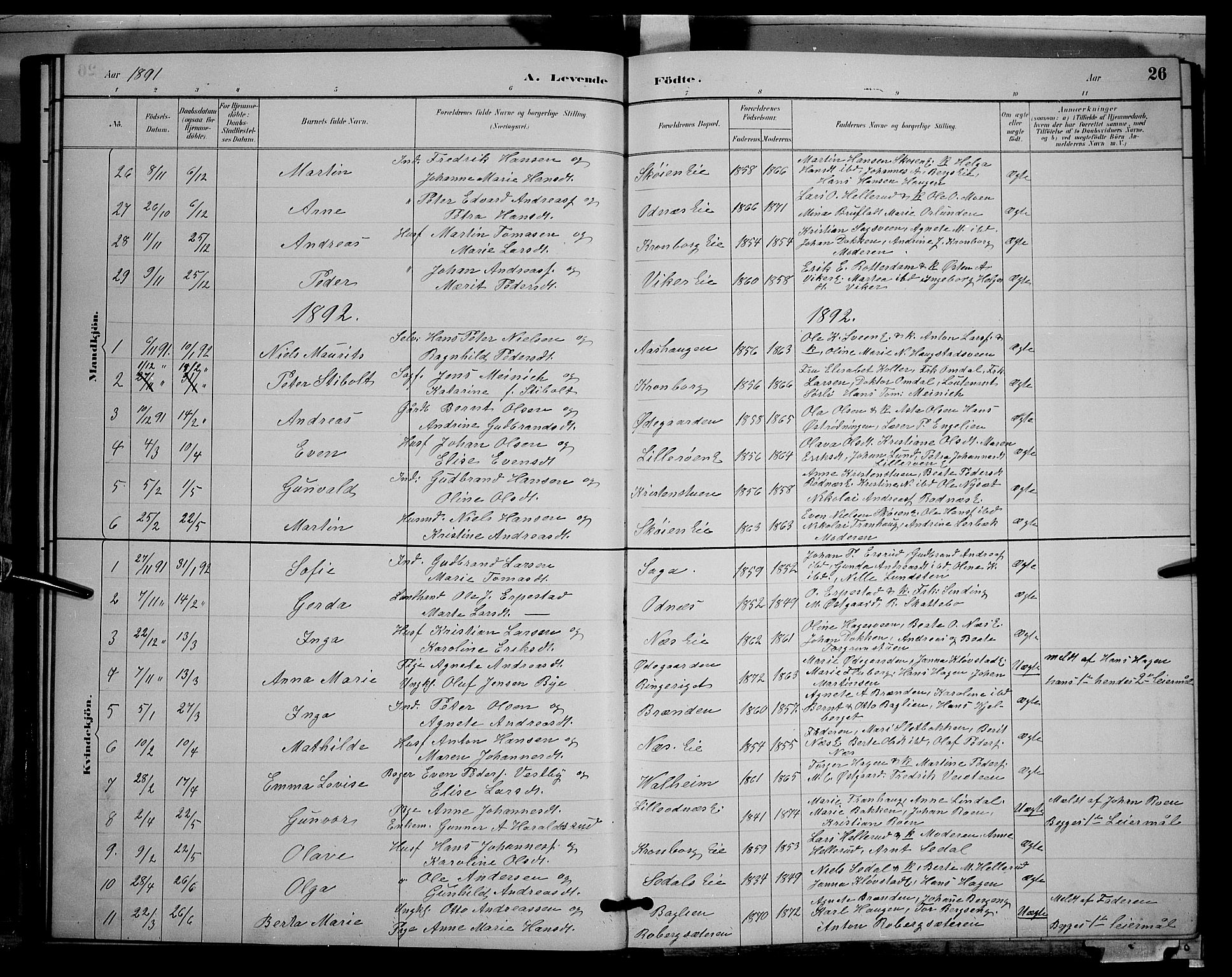 Søndre Land prestekontor, SAH/PREST-122/L/L0003: Parish register (copy) no. 3, 1884-1902, p. 26