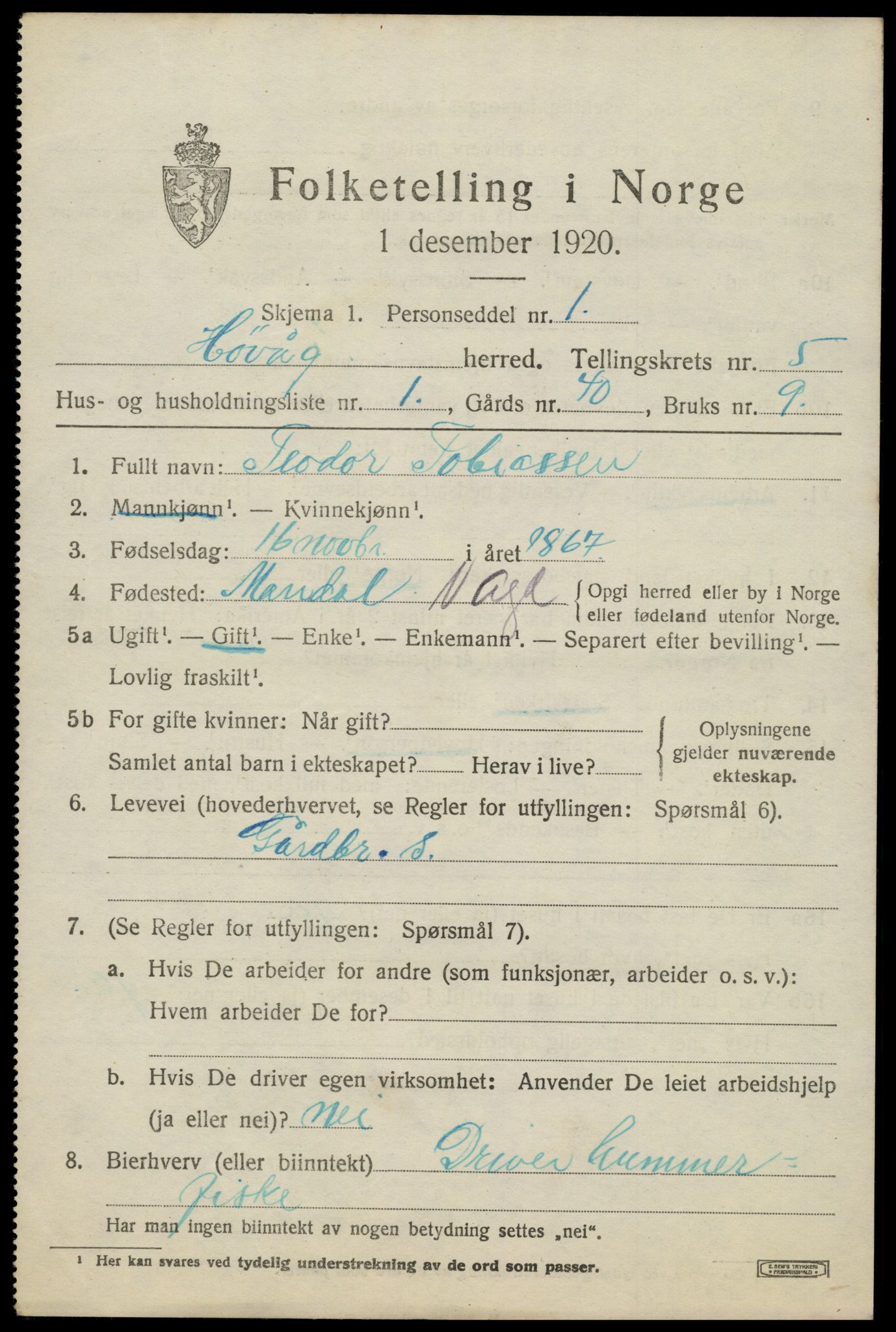 SAK, 1920 census for Høvåg, 1920, p. 2584