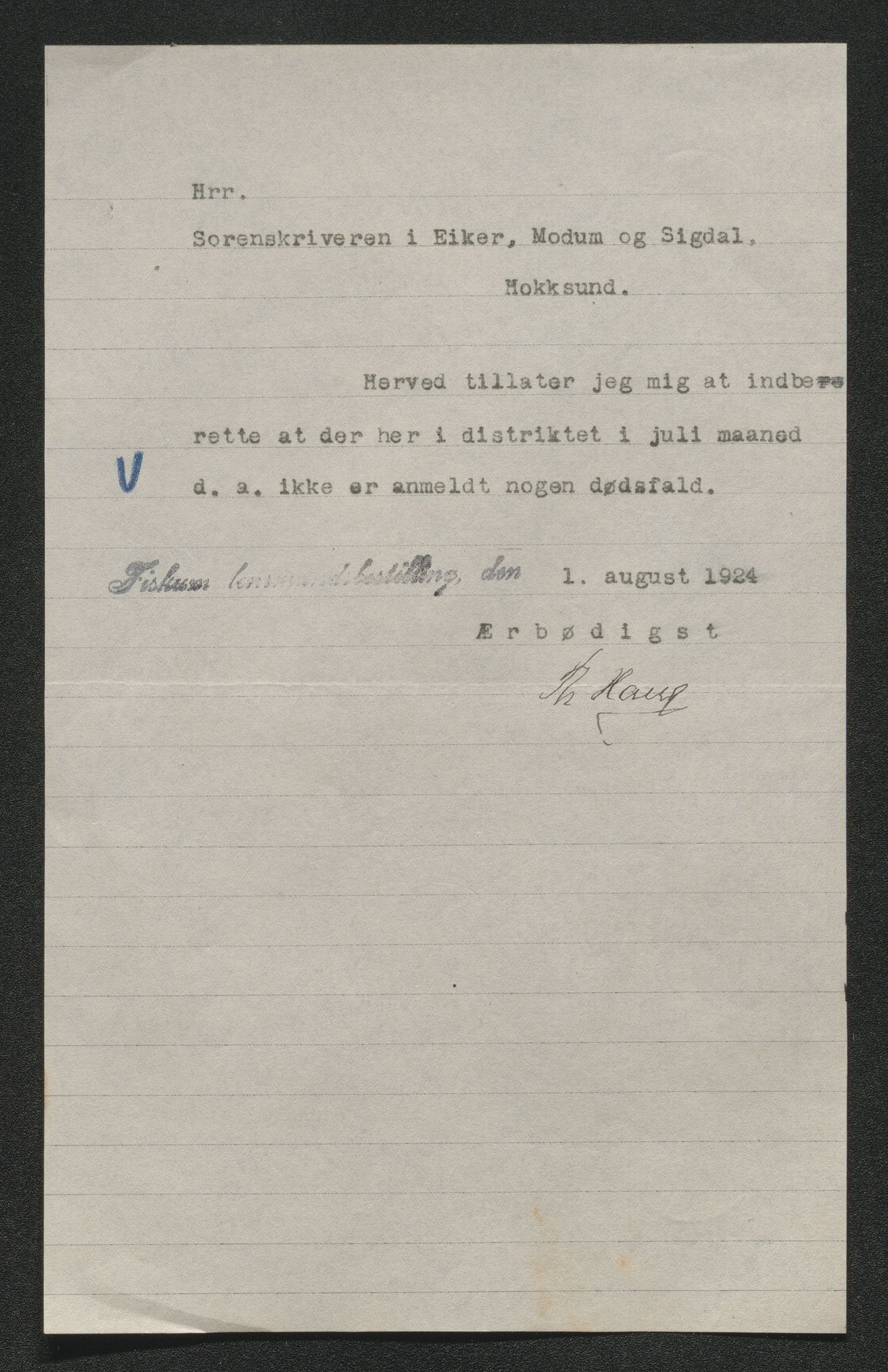 Eiker, Modum og Sigdal sorenskriveri, AV/SAKO-A-123/H/Ha/Hab/L0042: Dødsfallsmeldinger, 1924, p. 344