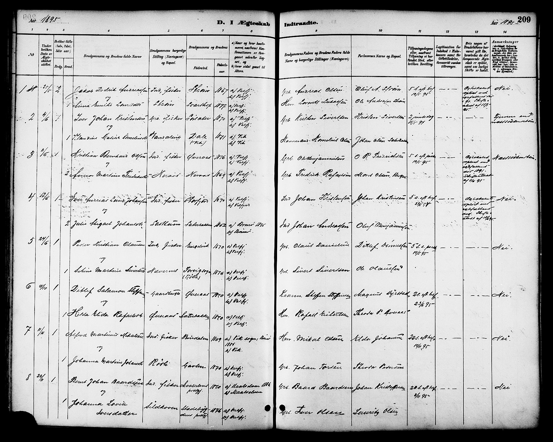 Ministerialprotokoller, klokkerbøker og fødselsregistre - Nordland, AV/SAT-A-1459/814/L0230: Parish register (copy) no. 814C03, 1884-1911, p. 209